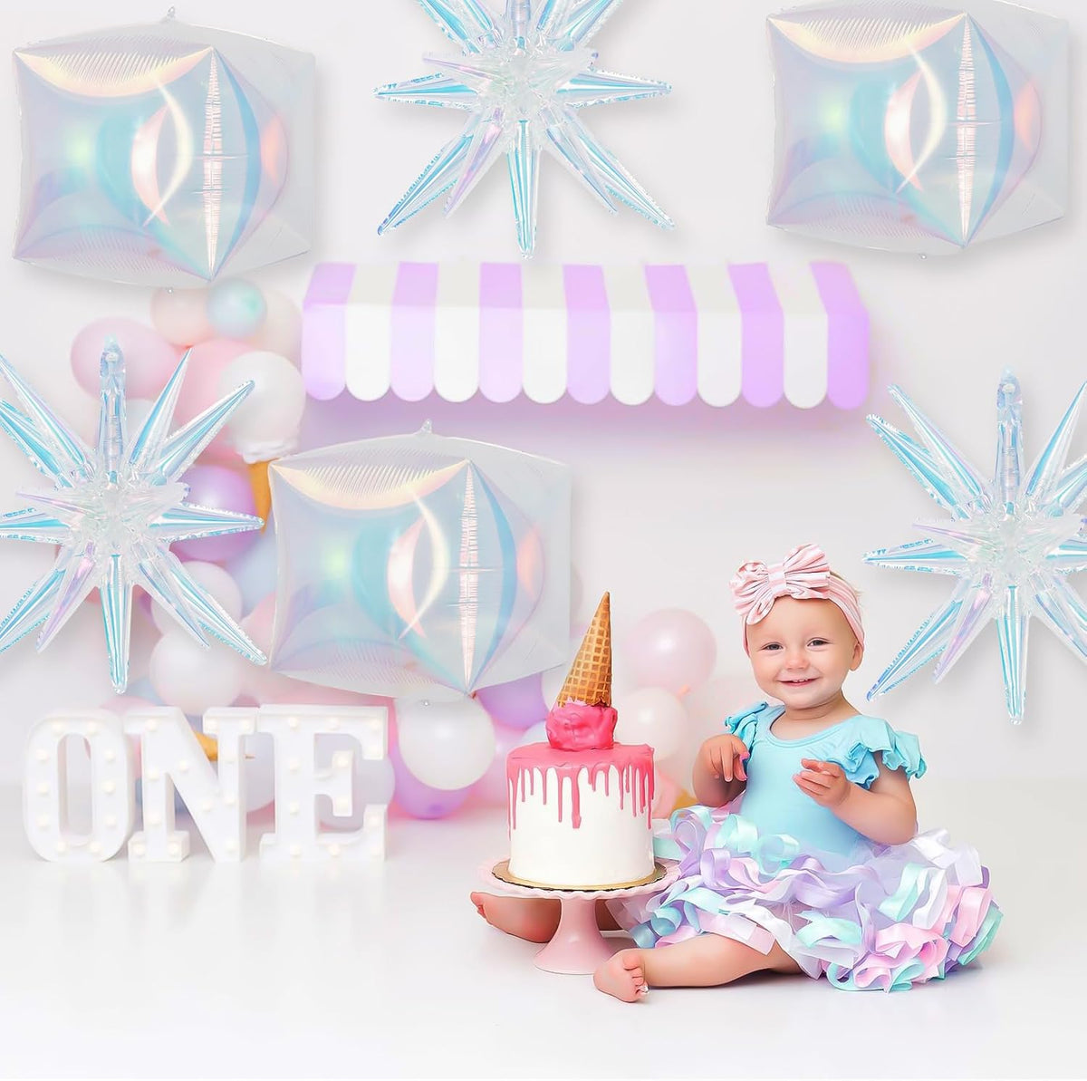 6Pcs Iridescent Foil Balloons, 22in Square Foil Balloons and Explosion Star Iridescent Balloon