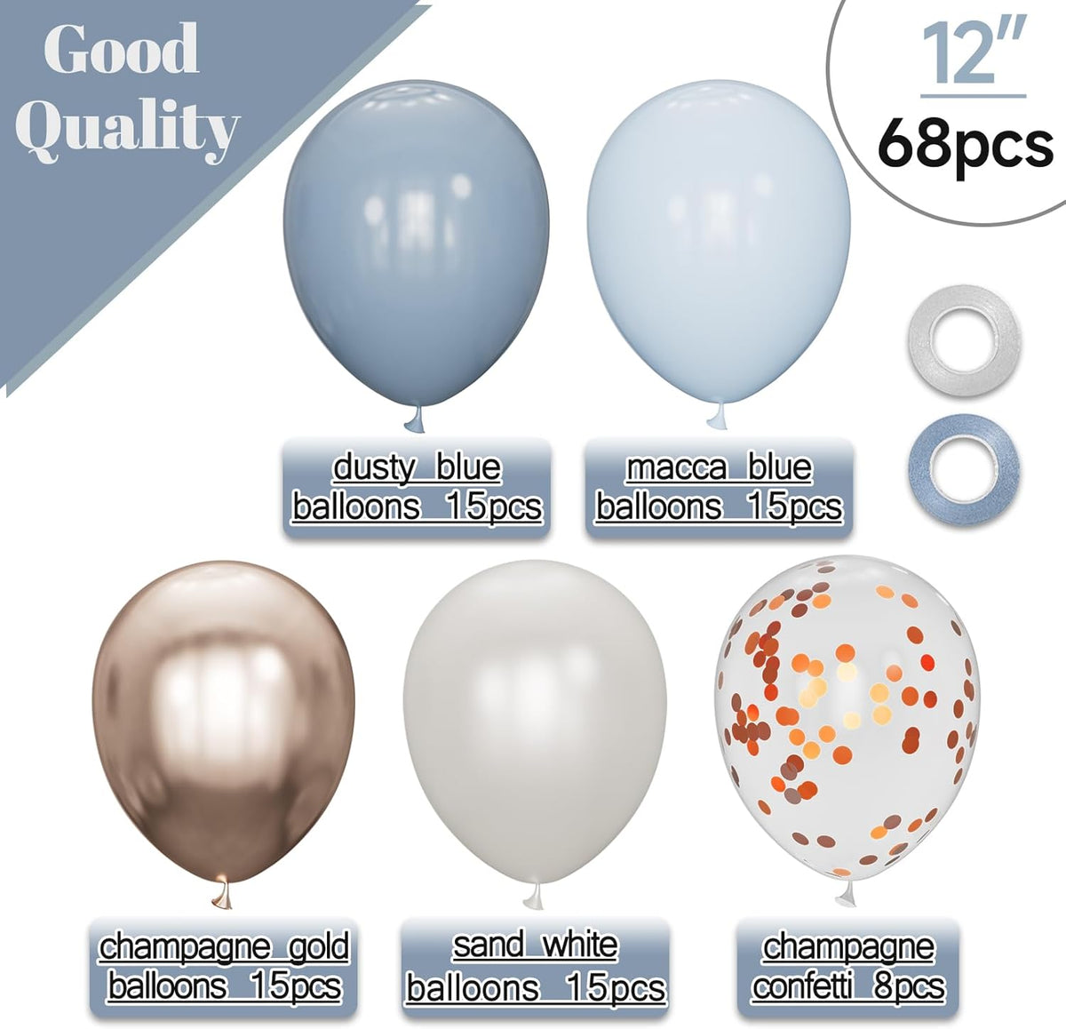 68Pcs Dusty Blue and Champagne Gold Balloons 12 Inch Sand White Pastel Baby Blue Confetti Balloon