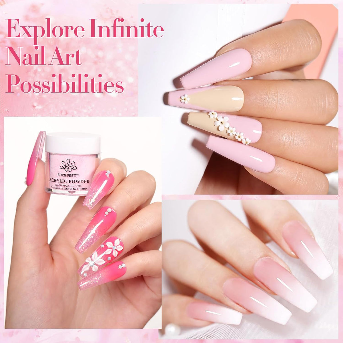 BORN PRETTY Acrylic Nail Kits Full Set,87PCs Pink White Clear Glitter Grey Acrylic Powder and