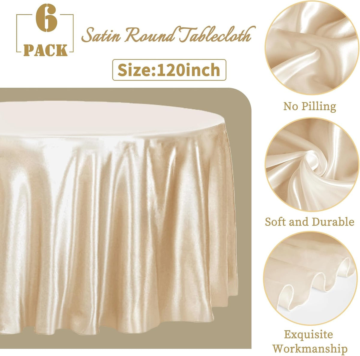 fani 6 Pack 120 Inch Champagne Round Tablecloth - Premium Silky Satin Tablecloth Overlay Smooth