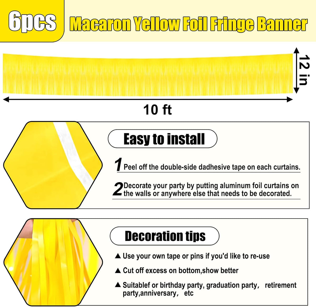 6 Pack 10 Feet Yellow Foil Fringe Garland Metallic Tinsel Streamers Banner Wall Hanging Curtain