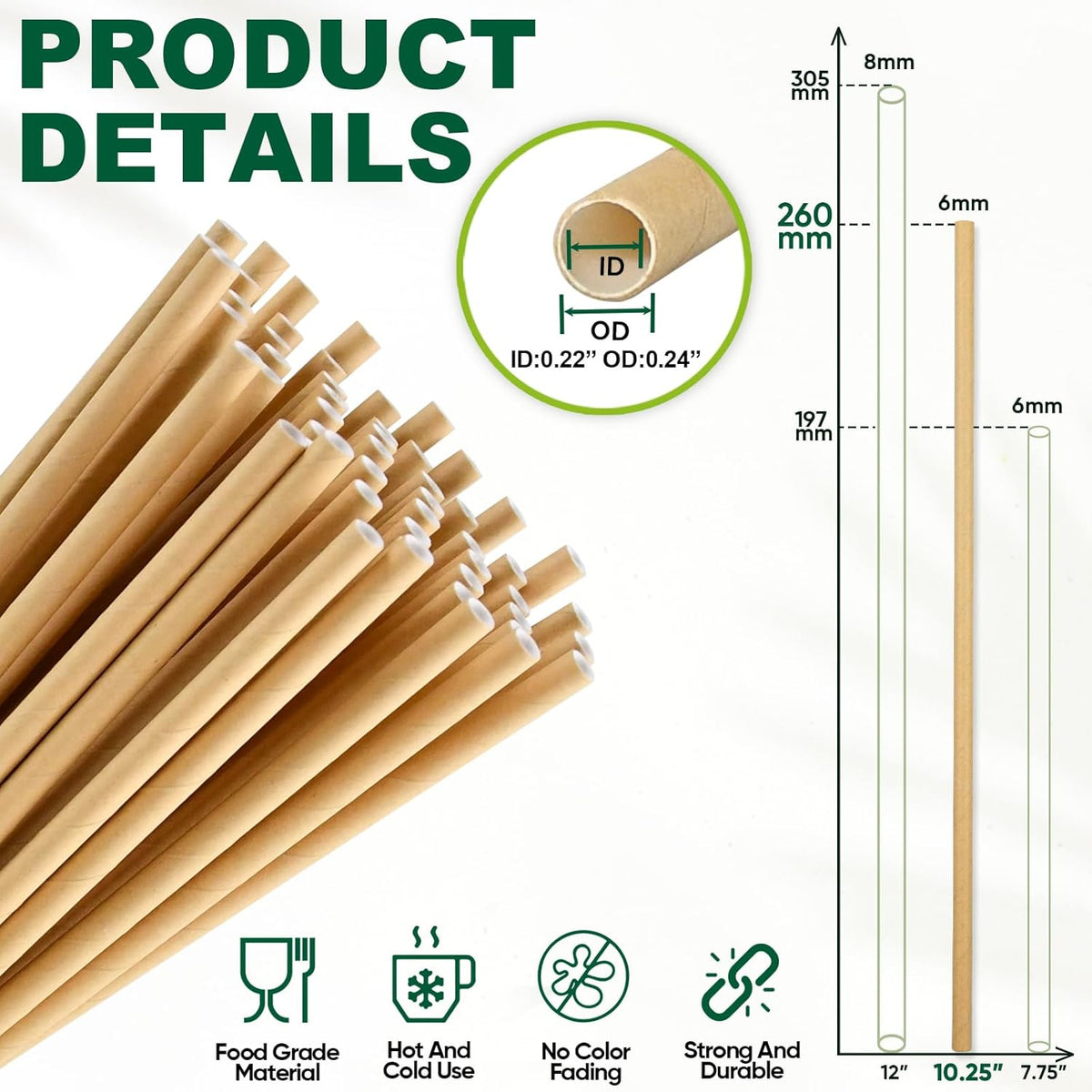 10 Inch Long Paper Drinking Straws Biodegradable - For 20oz to 32oz Tall Cups, Tumblers, Bottles