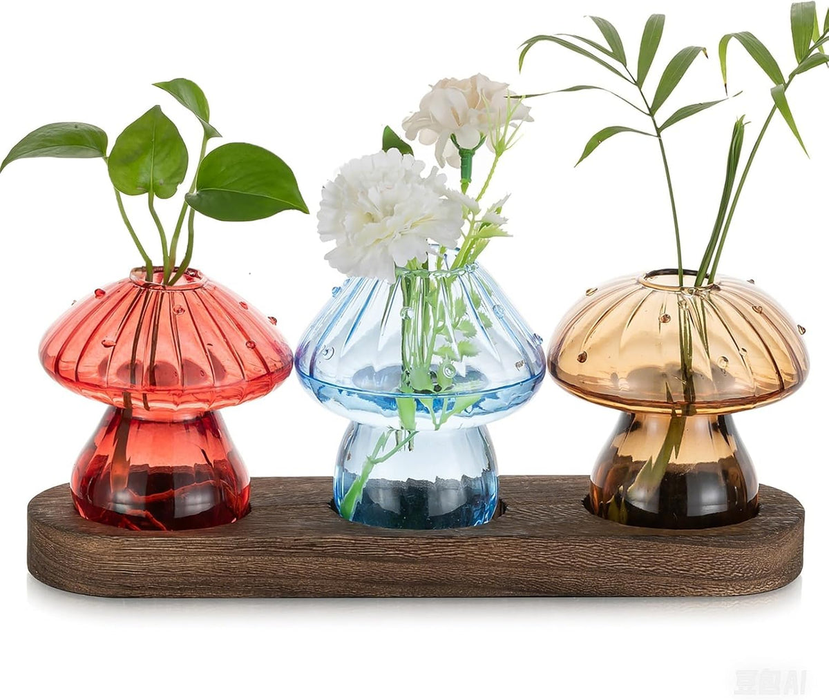 Glass Propagation Station for Plant: Mushroom Planter with Wooden Stand for Home Office Decor