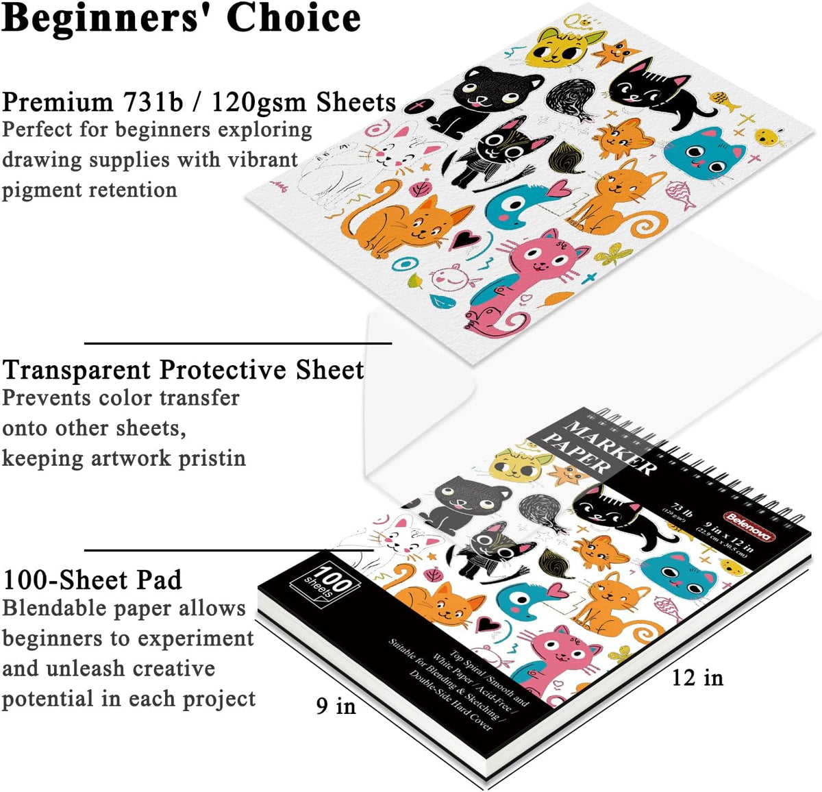 Belenova 9" x 12" Marker Paper Pad, 100 Sheets Bleedproof Sketchbook for Alcohol Markers