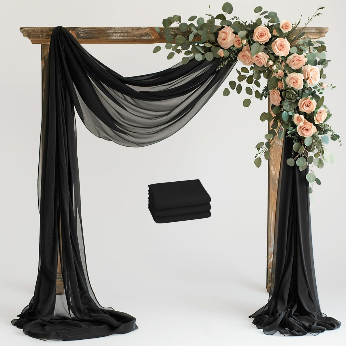 Wokceer Black Wedding Arch Draping Fabric Backdrop 3 Panels 28.7" X 20FT Sheer Drapes Fabric for