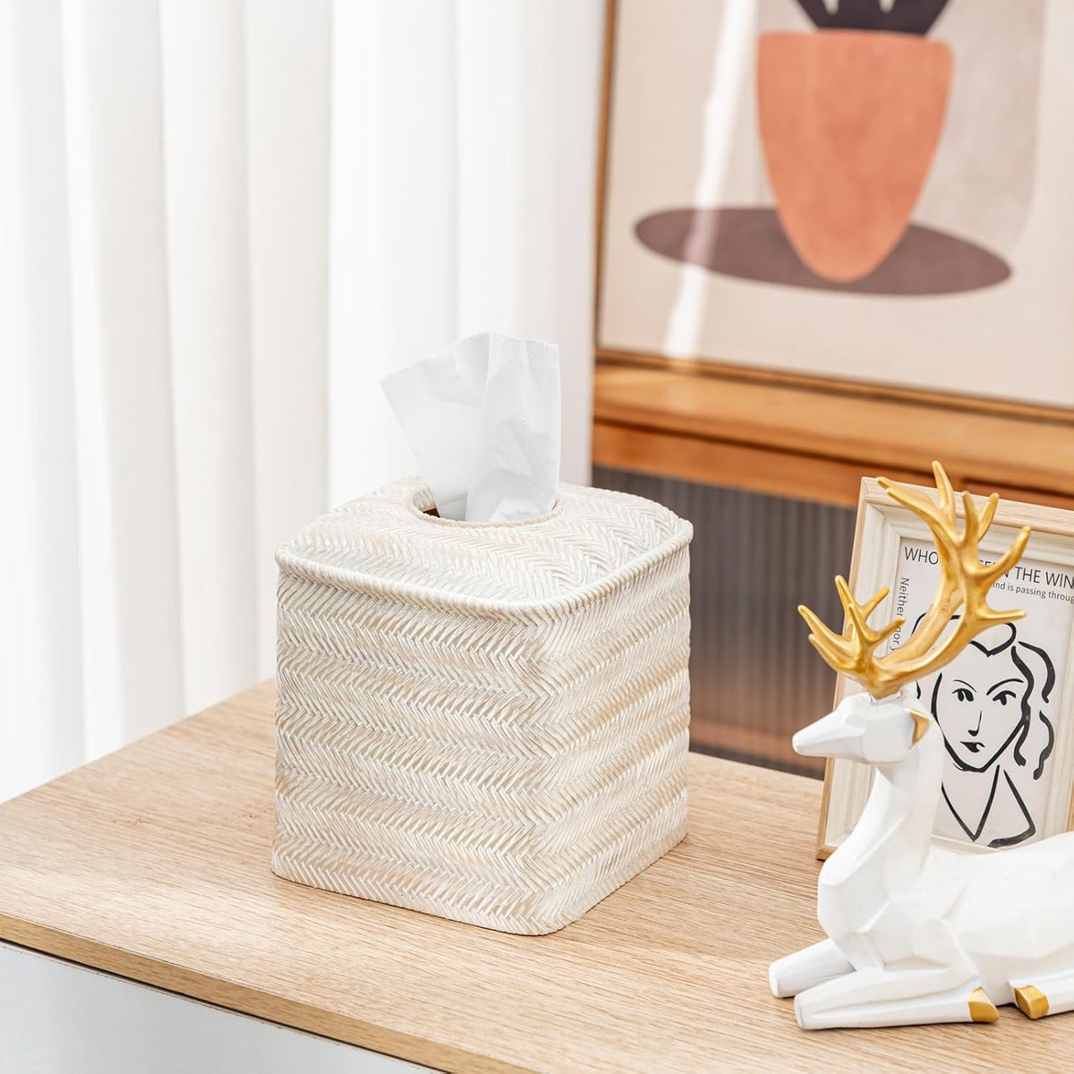 Tissue Box Cover Square Resin Tissue Holder for Home Decor,Hand Carved Wicker Tissue Box Holder,5.3