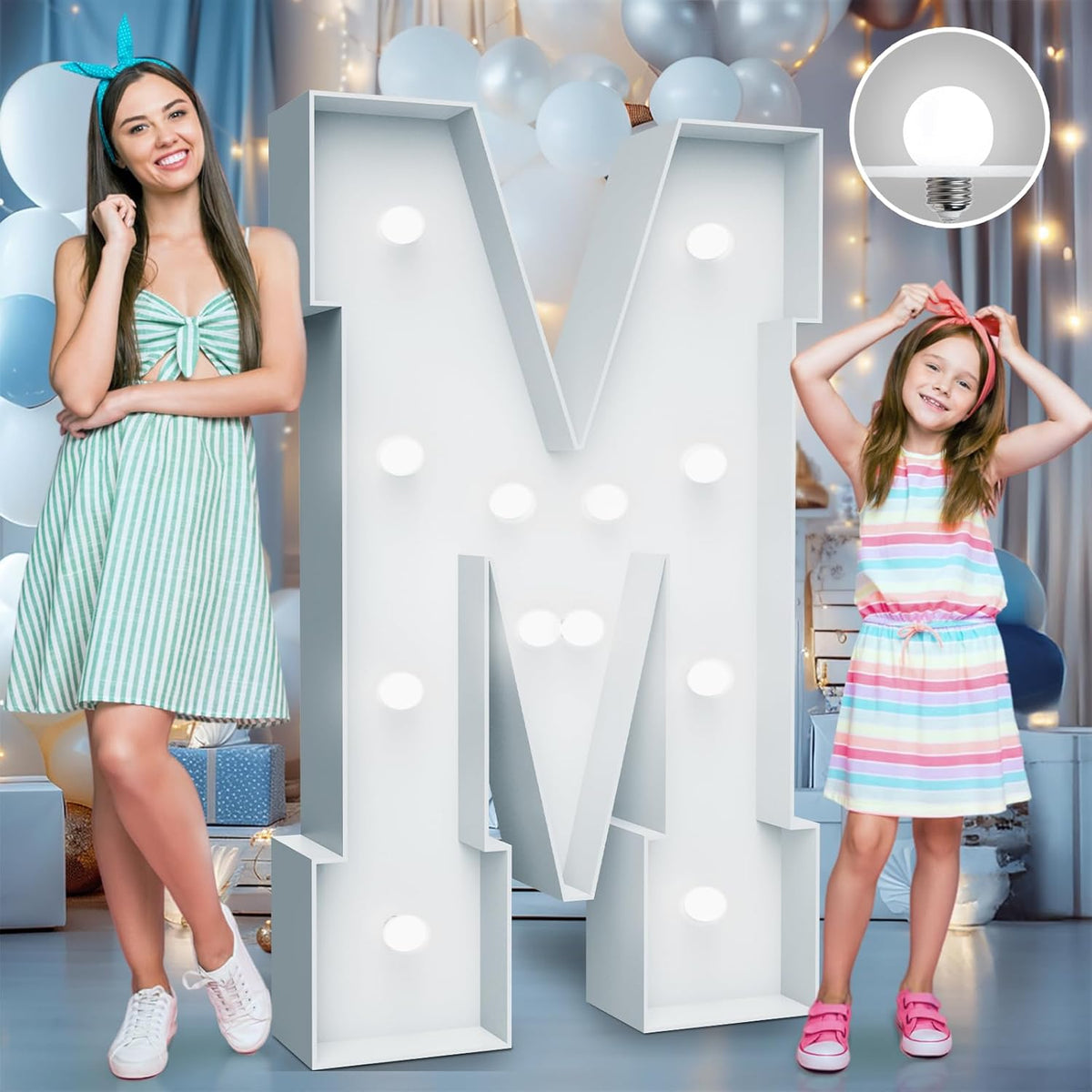 4FT Marquee Light Up Letters - Cool White Light Up Letters M with Fixed Water Bag, Party Decoration