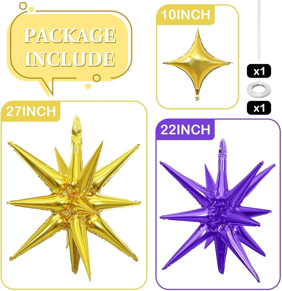 Purple Gold Star Balloons Foil 12pcs, 27/22 In Star Explosion Balloons, Large Spike Mylar Cone