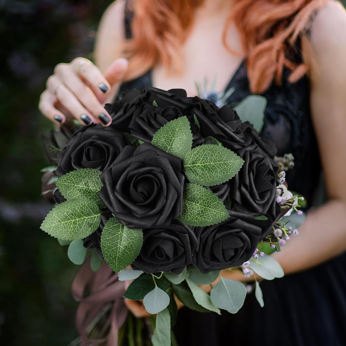 AmyHomie Artificial Flowers Black Rose 25pcs Real Looking Fake Roses w/Stem for DIY Wedding