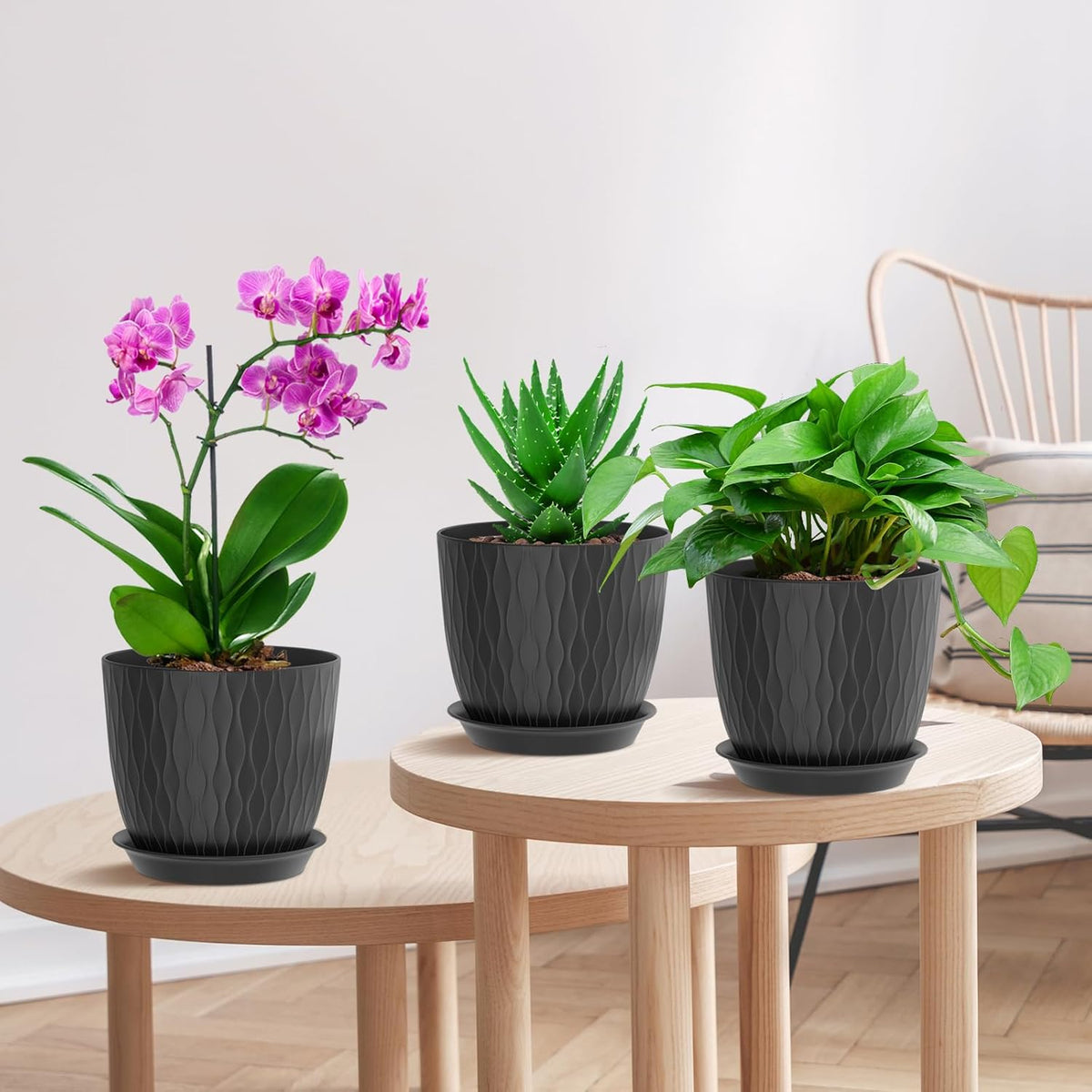 7 inch Plant Pots, 5 Pack Flower Pots with Drainage Holes and Saucers for Indoor Plants, Plastic