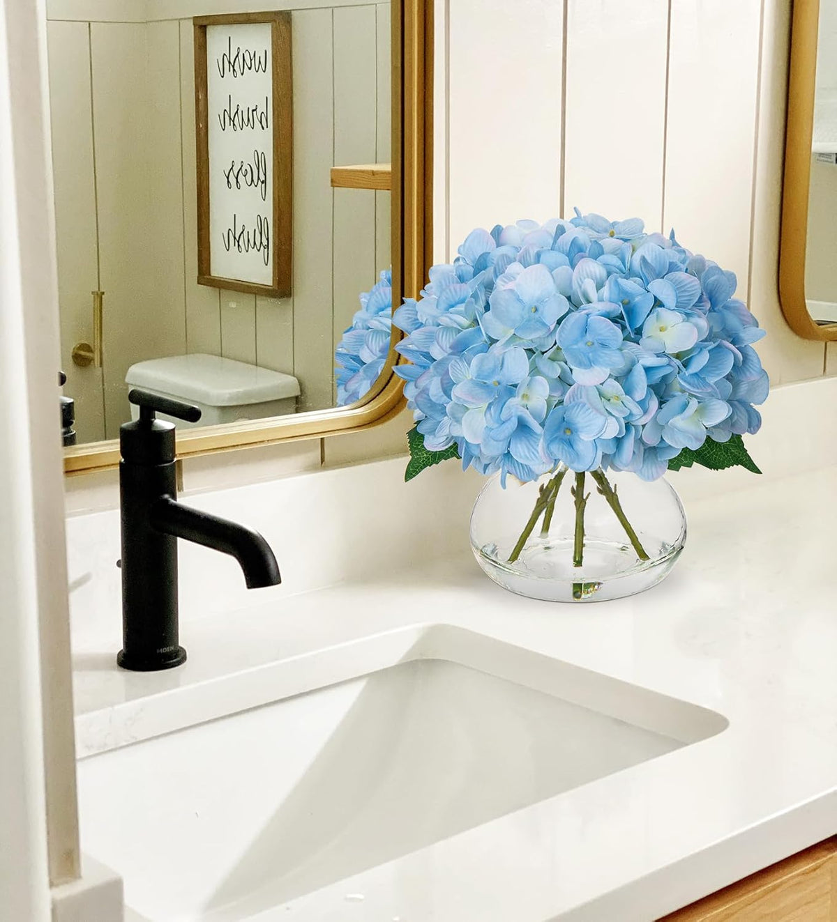 Hollyone Hydrangea Artificial Flowers with Vase Blue Silk Fake Flowers Arrangements in Glass Vase