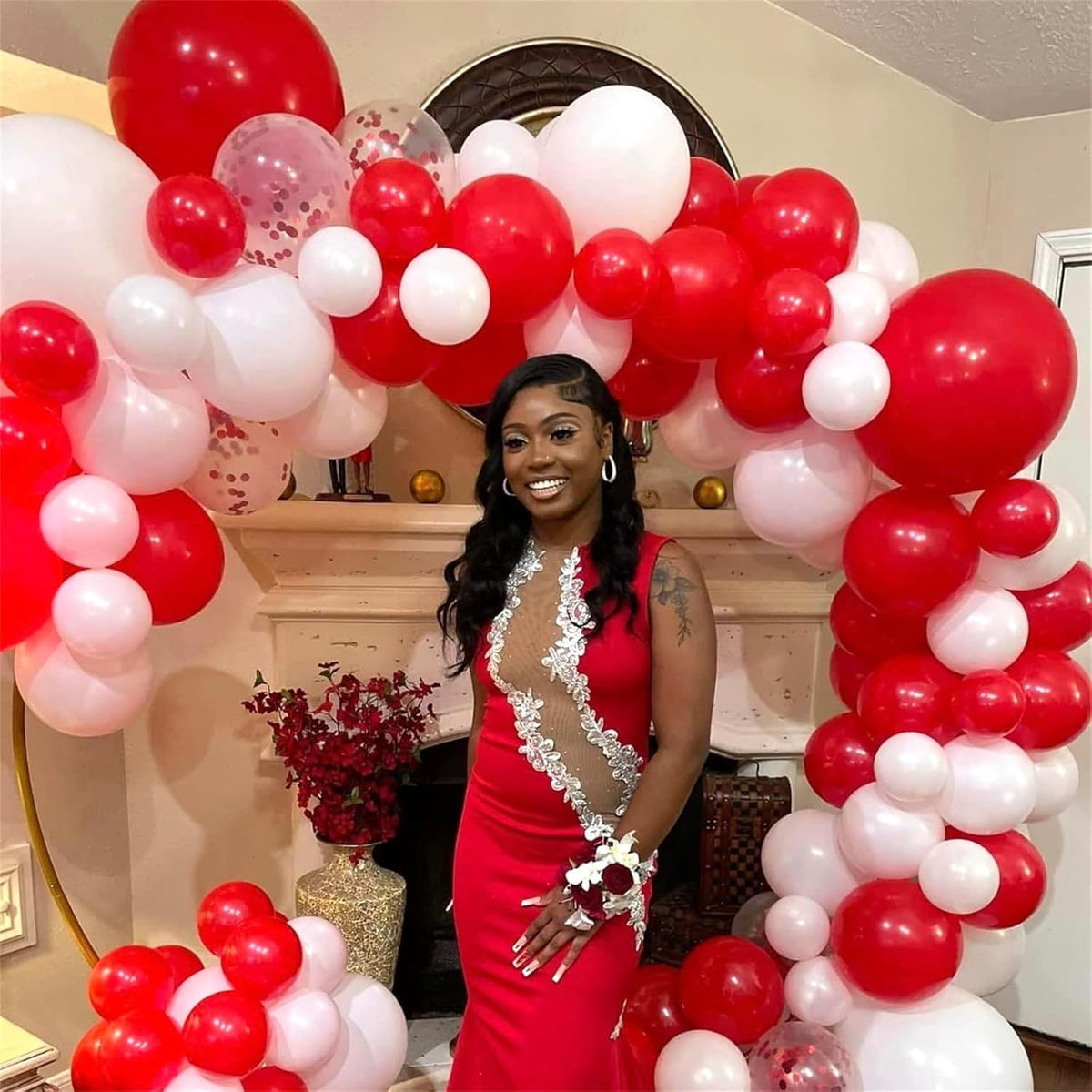 12 Inch Red White Confetti Latex Balloons Set, 35 Pack - Helium Party for Girls Women Birthday