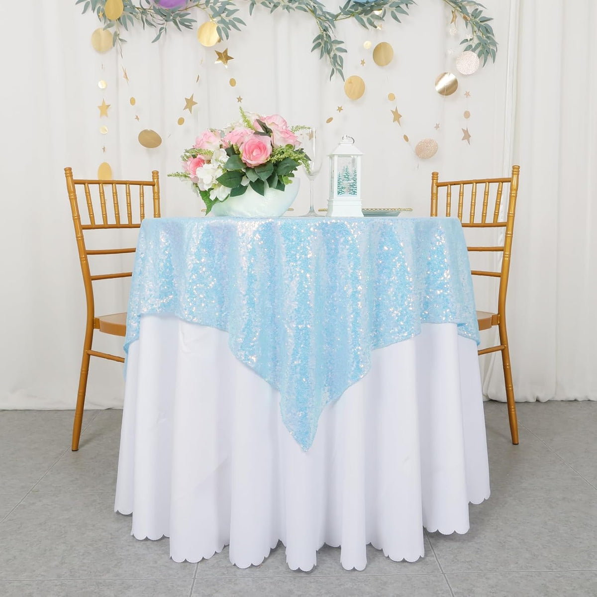 ShinyBeauty Iridescent Aqua Sequin Tablecloth Square Tablecloths Glitter Table Overlay Aqua Blue