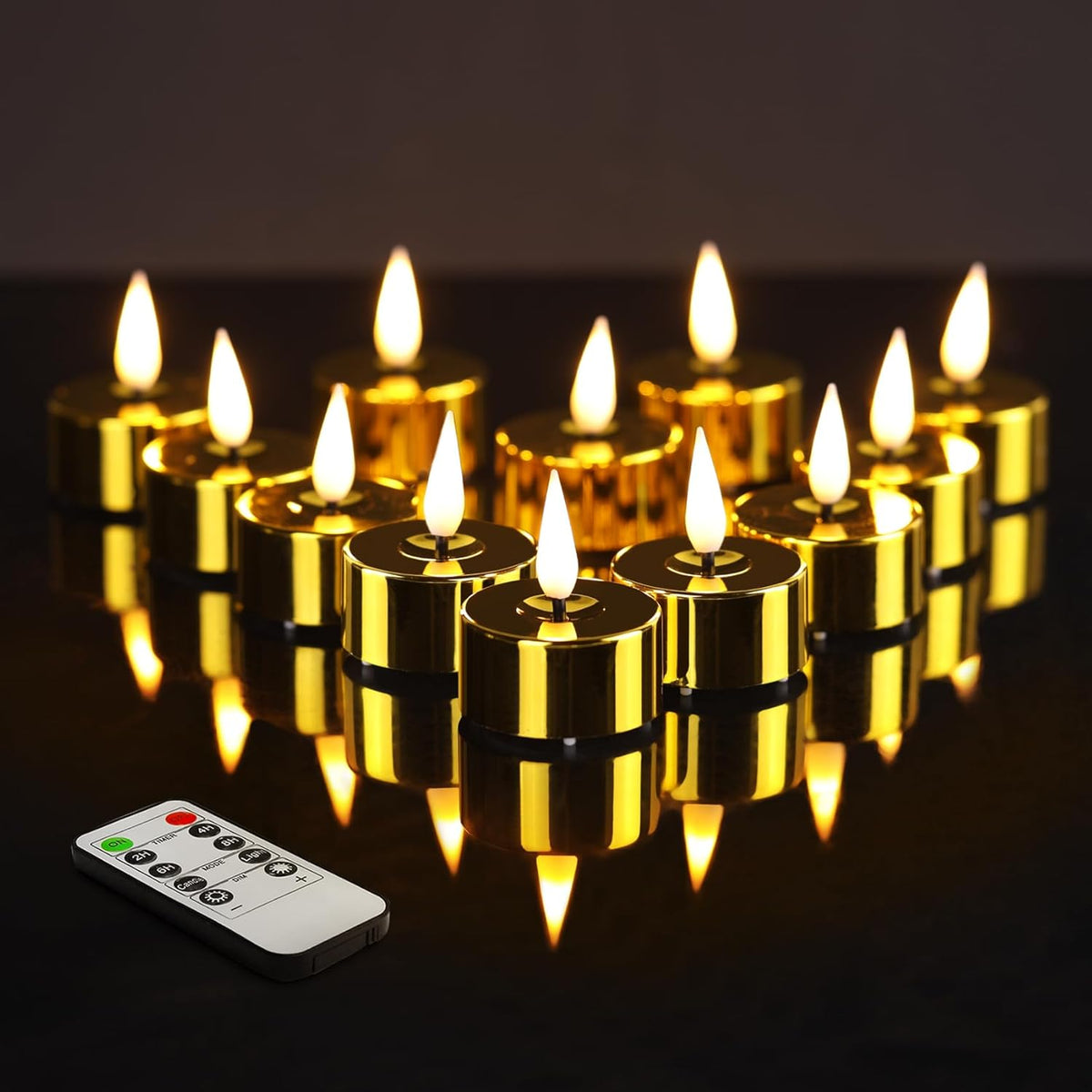Eywamage Gold LED Tealights with Remote Batteries, Flickering Flameless Tea Lights Votive Candles