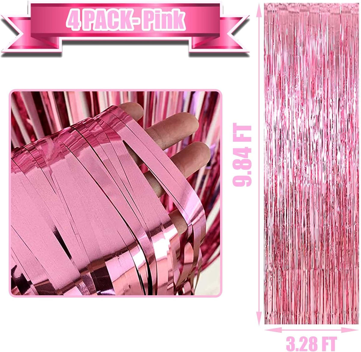 4 Pack Pink Foil Fringe Curtain Backdrop, 3.3Ft x 9.8Ft Metallic Tinsel Foil Fringe Streamers