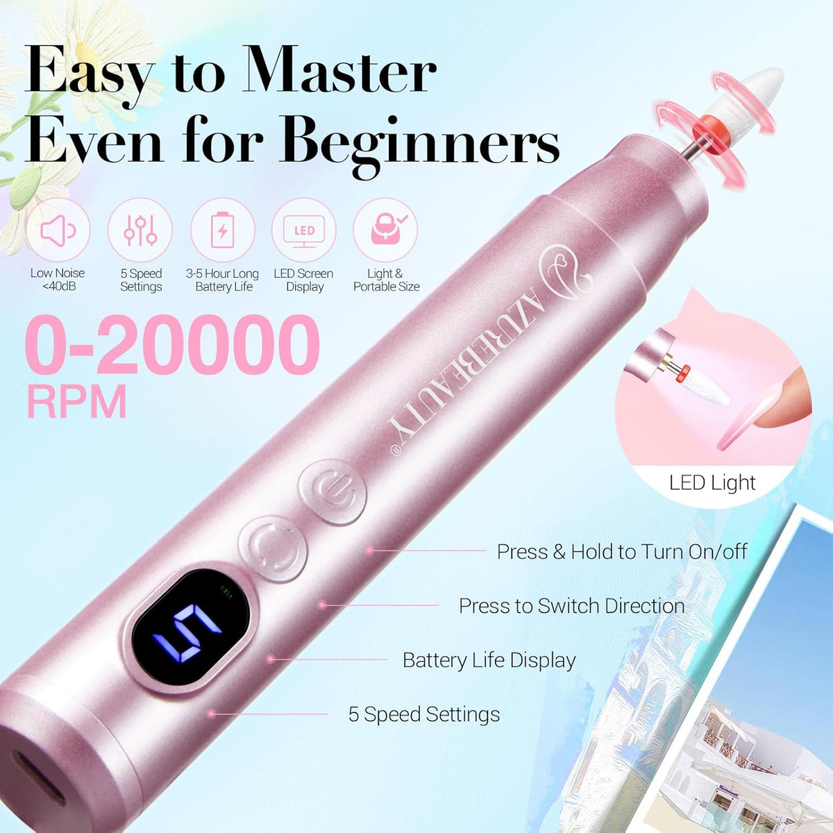 AZUREBEAUTY Dip Powder Nail Kit with Electric Nail Drill 24 Colors Pink Pastel Blue Purple Nails