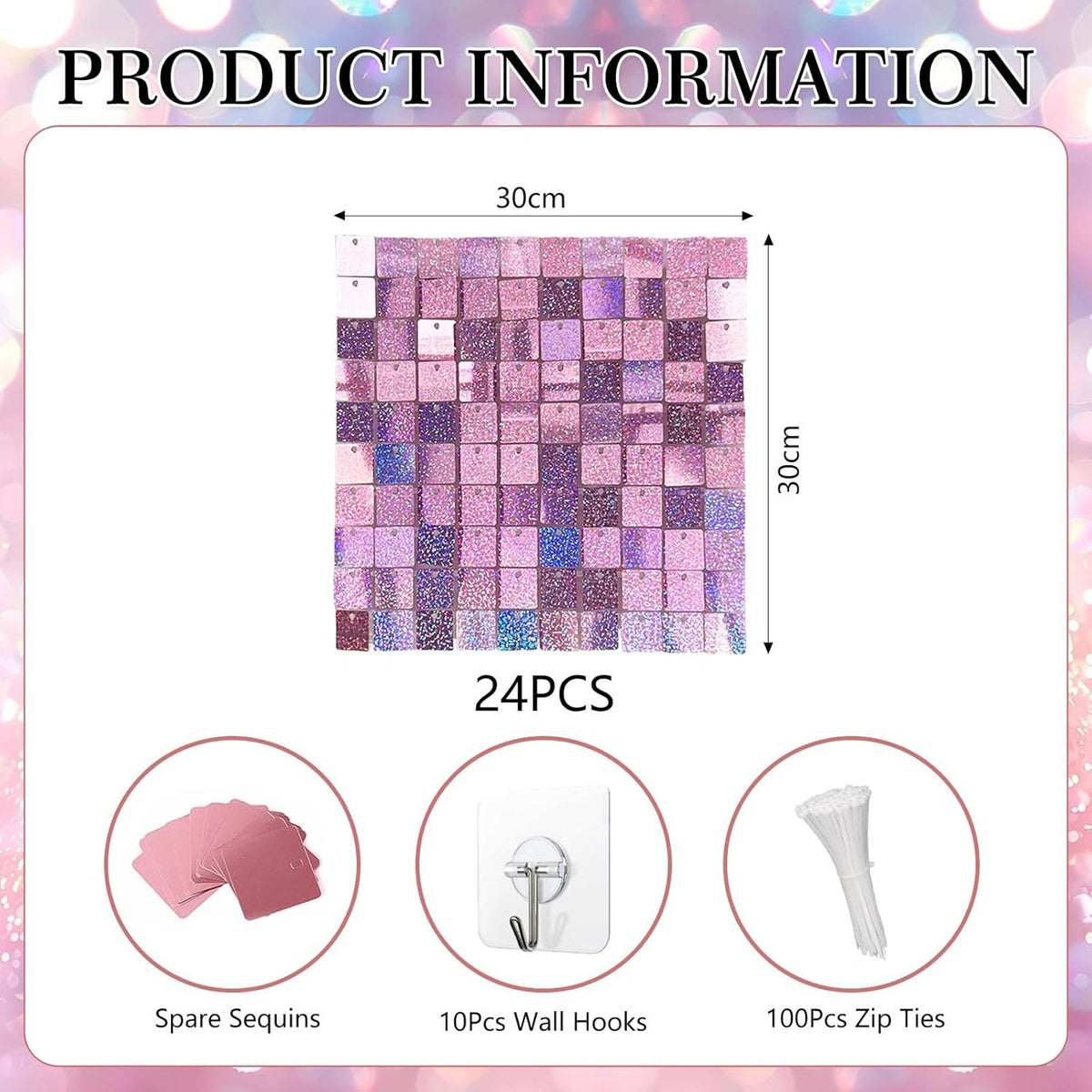 24PCS Light Pink Shimmer Wall Backdrop, Laser Square Sequin Photo Backdrops Panel, Glitter Wall