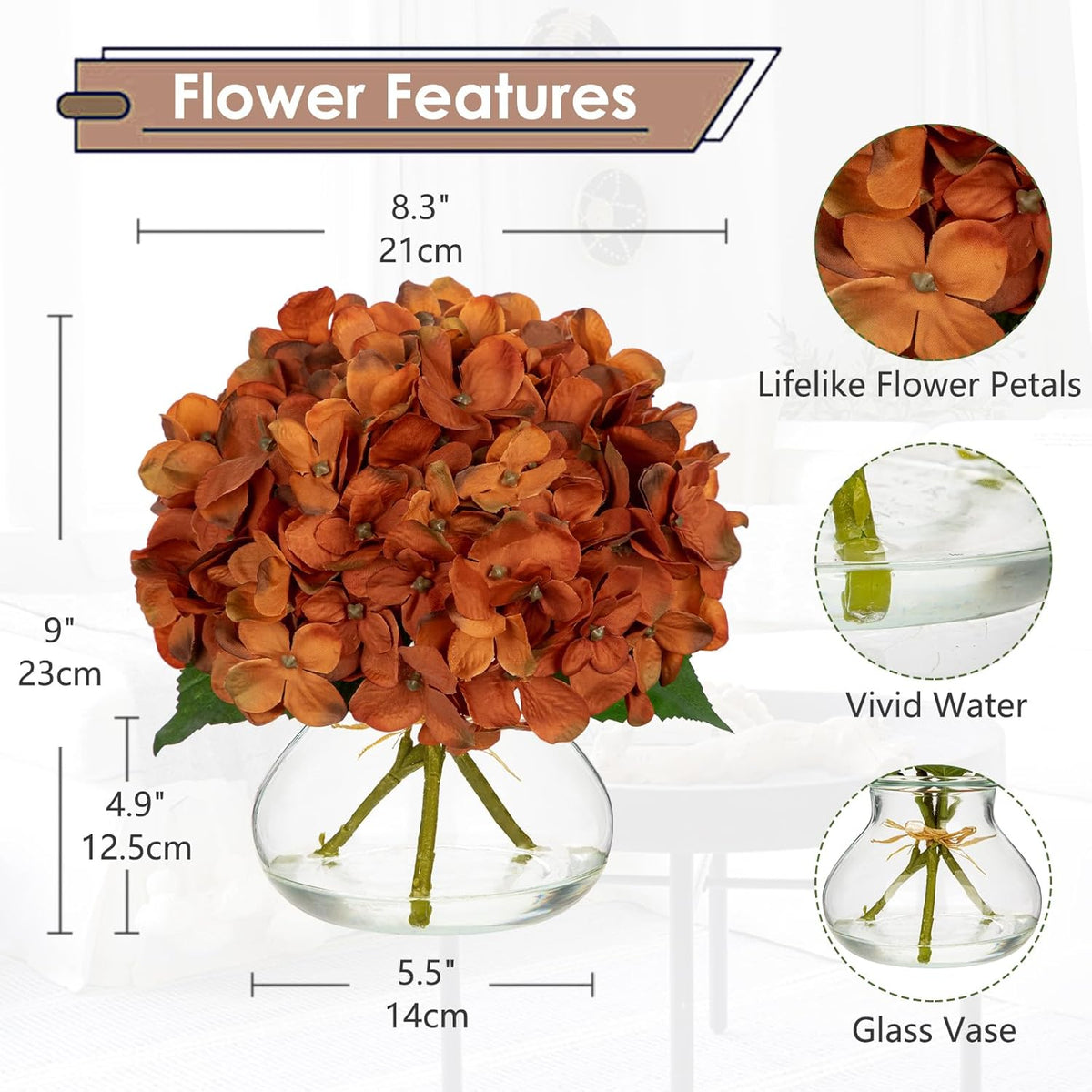 Hollyone Dark Orange Fall Hydrangea Artificial Flowers for Decoration with Glass Vase Silk Faux