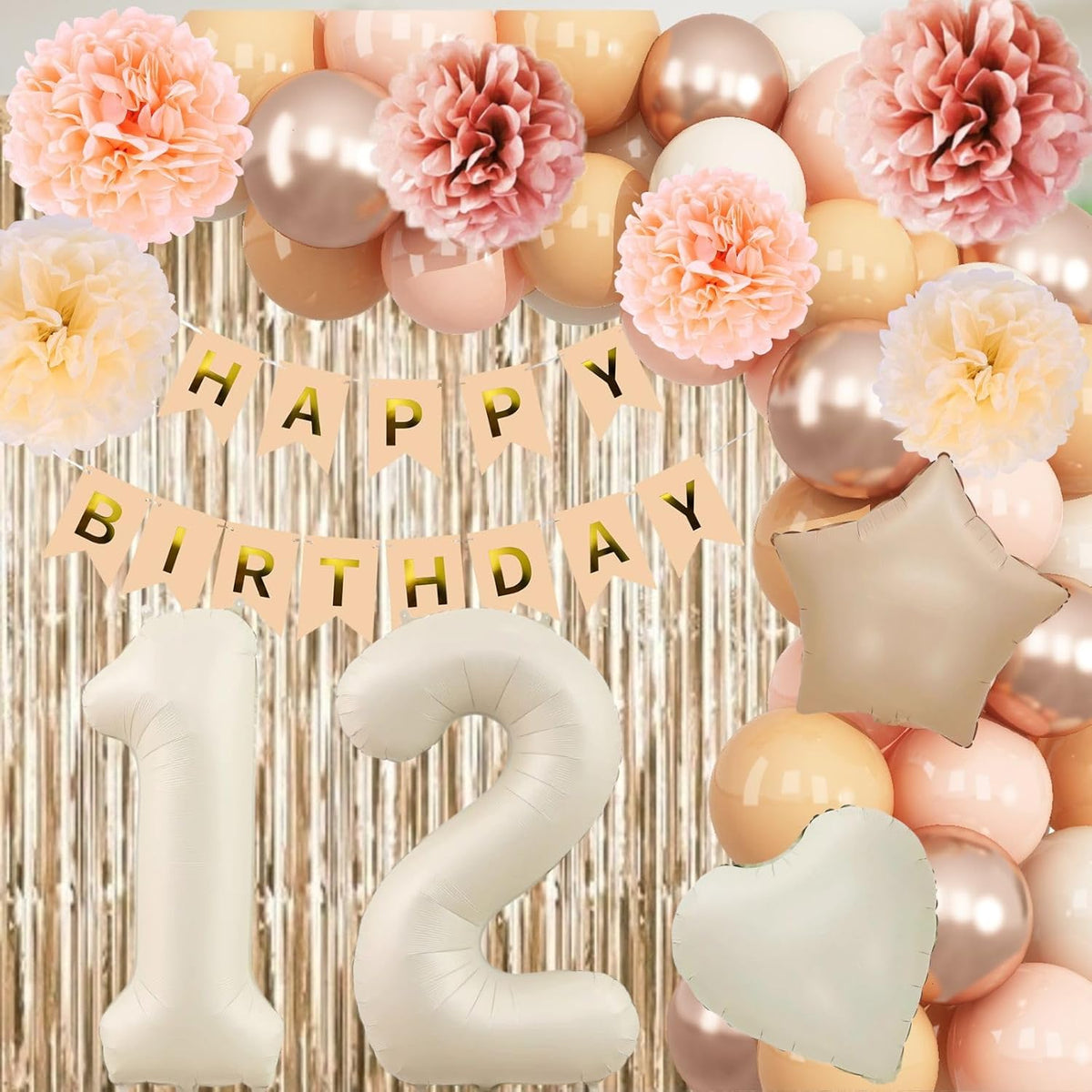 Beige 12th Birthday Decorations Girls Boys Cream Number 12 Balloon Nude Gold Happy Birthday Banner