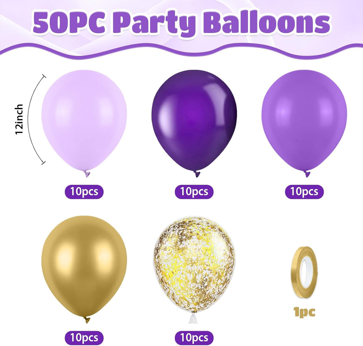 Purple and Gold Balloons, 50pcs Dark Purple Gold Balloons, Macaron Metallic Confetti Balloons For