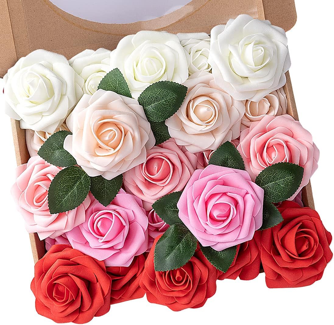 N&T NIETING Artificial Flowers 25pcs Real Looking Artificial Roses with Stems for Valentine's Day