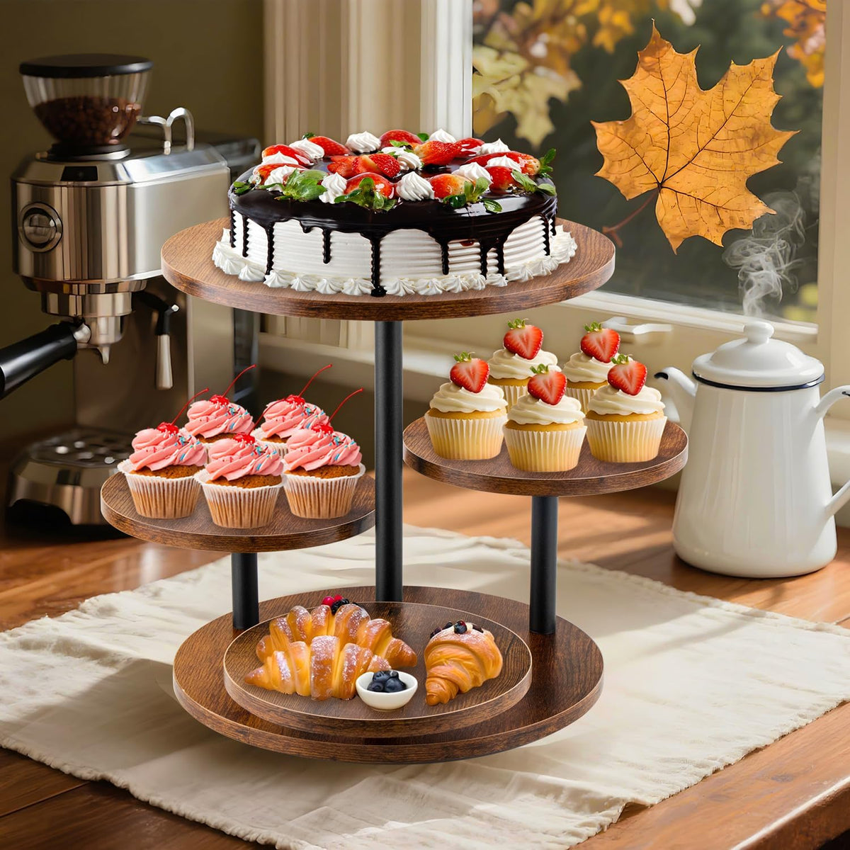 Rustic 4-Tier Rotating Wooden Cupcake Tower Stand for 50-60 Cupcakes, Elegant Dessert Display Tray