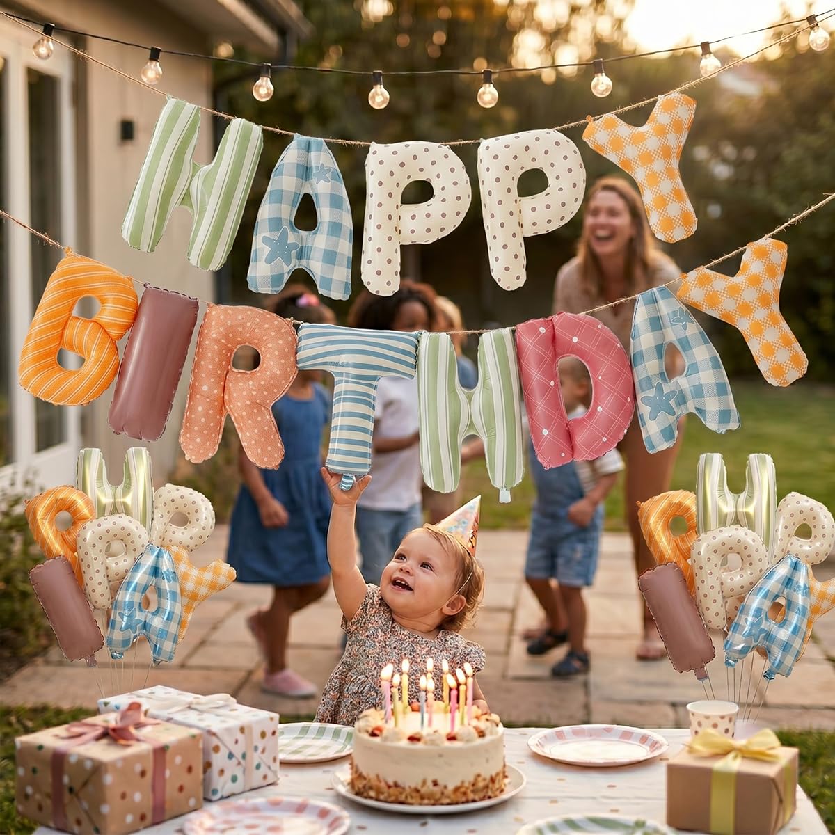 Vrukiaa Colorful Happy Birthday Banner Foil Letter Balloon, 14 Inch 3D Plaid, Polka Dots, Stripes