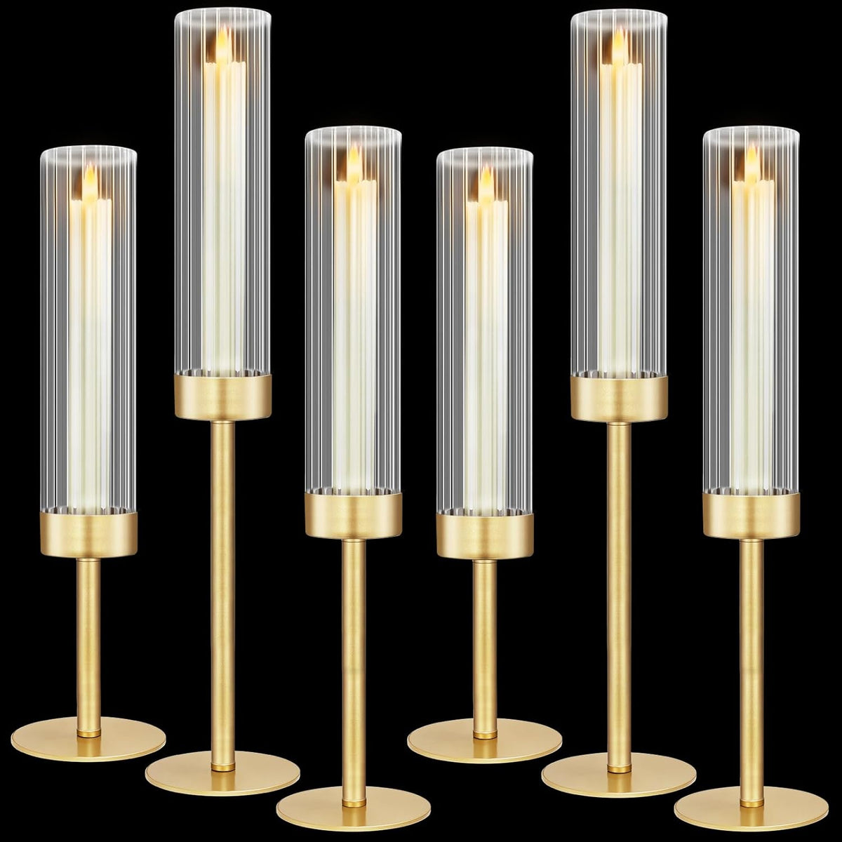Glass Hurricane Candlestick Holders Gold, KSWING Set of 6 Taper Candle Holders Brass Tall Clear