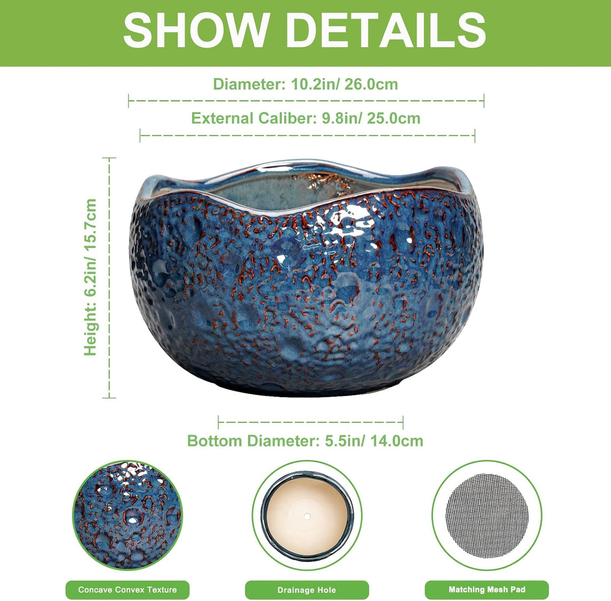 10 Inch Plant Pot - Ceramic Planter for Indoor Outdoor, Round Bonsai Pots, Decorative Flower Pots