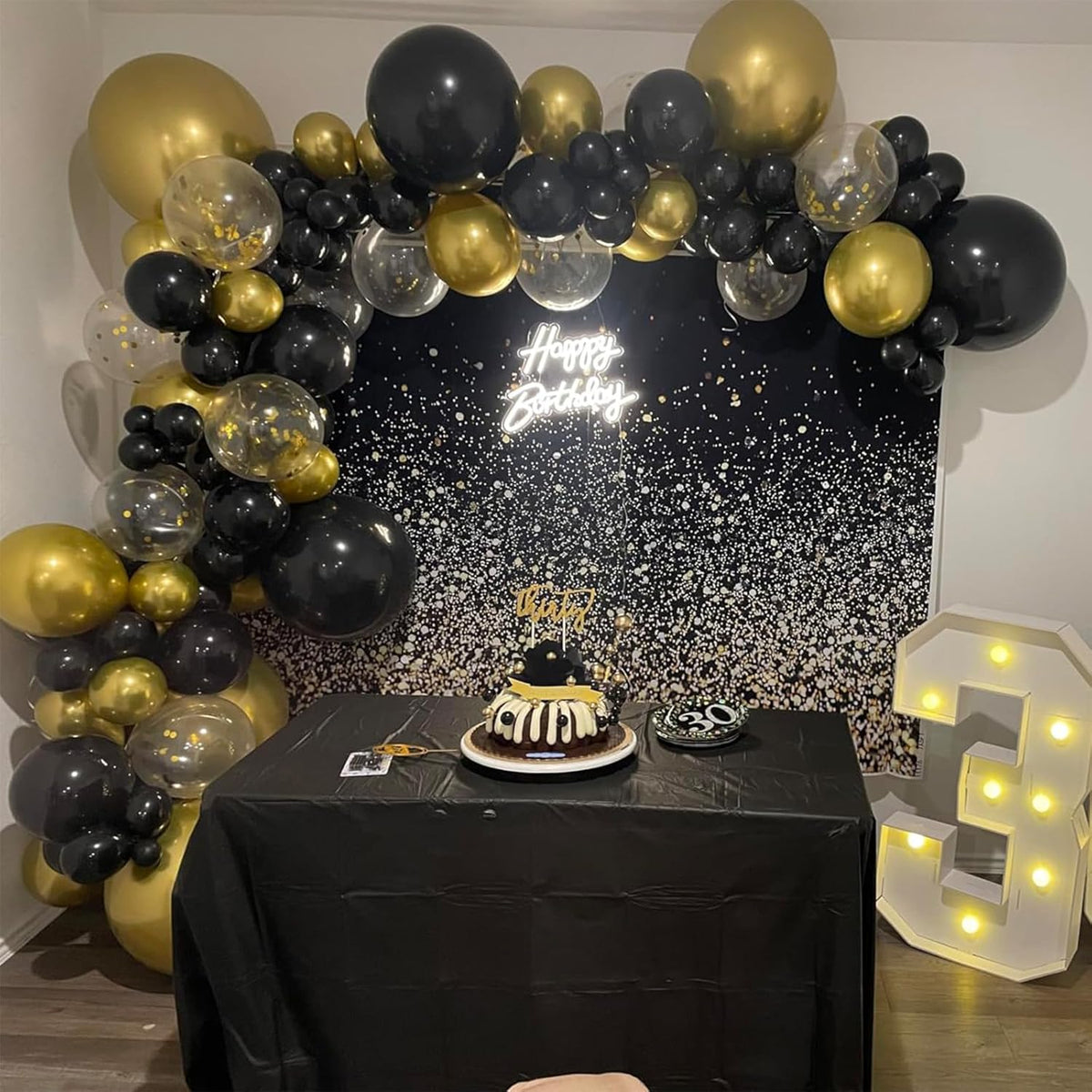 Balloons Black Gold, 60 Packs 12 Inch Black Metallic Chrome Gold Latex Balloons with Gold Confetti