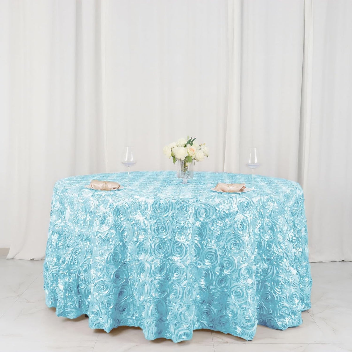 Efavormart 120" Wholesale Round Table Cover Light Blue Grandiose Rosette 3D Satin Tablecloth for