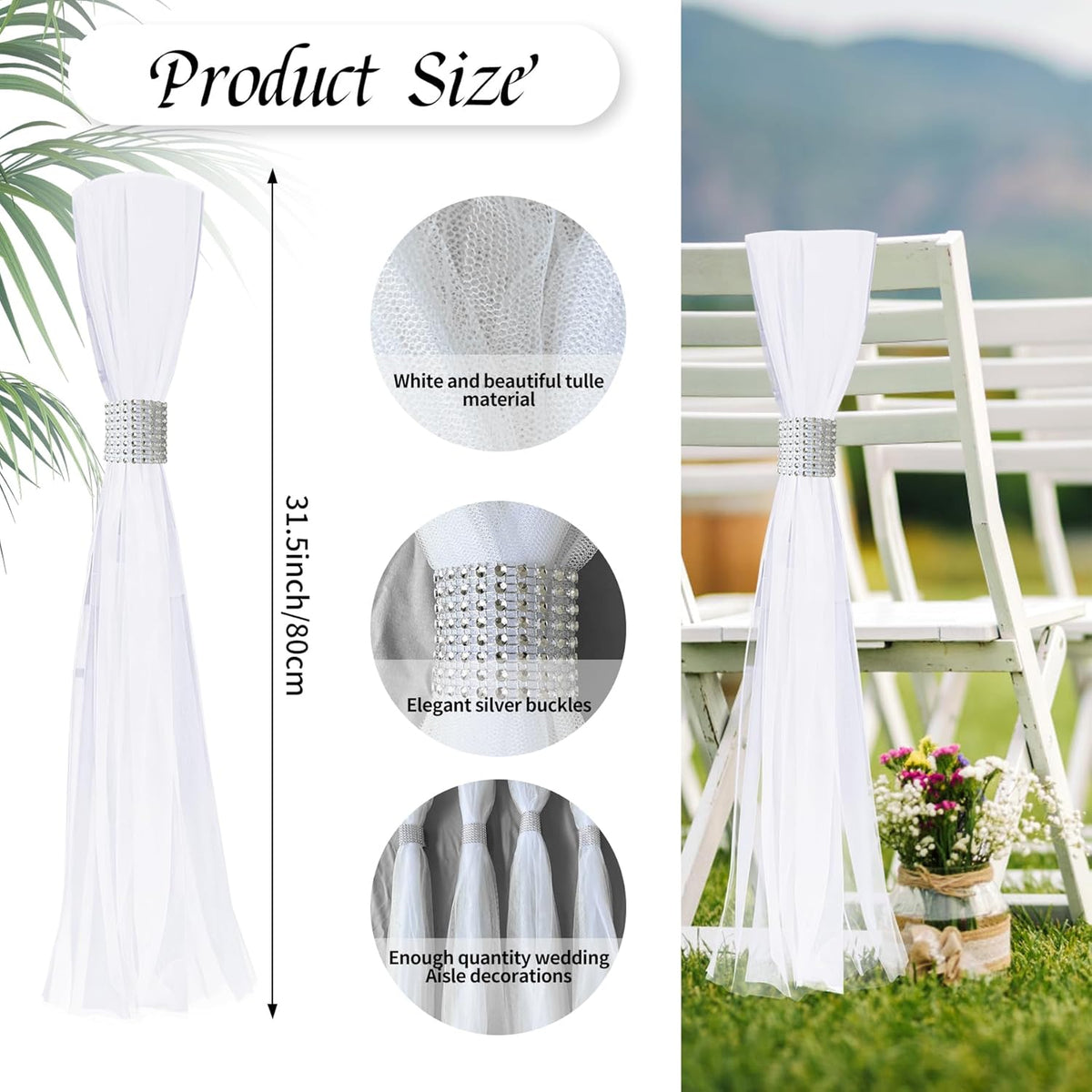 26 Sets Large White Pew Bows Tulle Wedding Aisle Chair Decorations, Extended Church Pew Decor Aisle