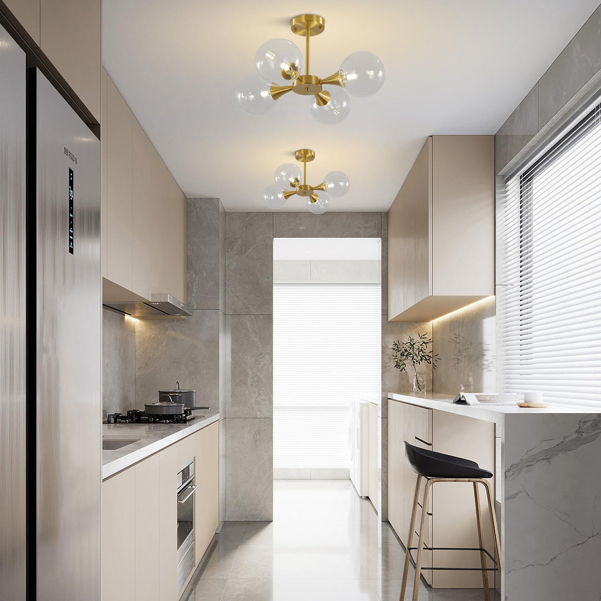 KCO Lighting 4-Lights Modern Globe Semi Flush Mount Ceiling Light Mid Century Brushed Brass