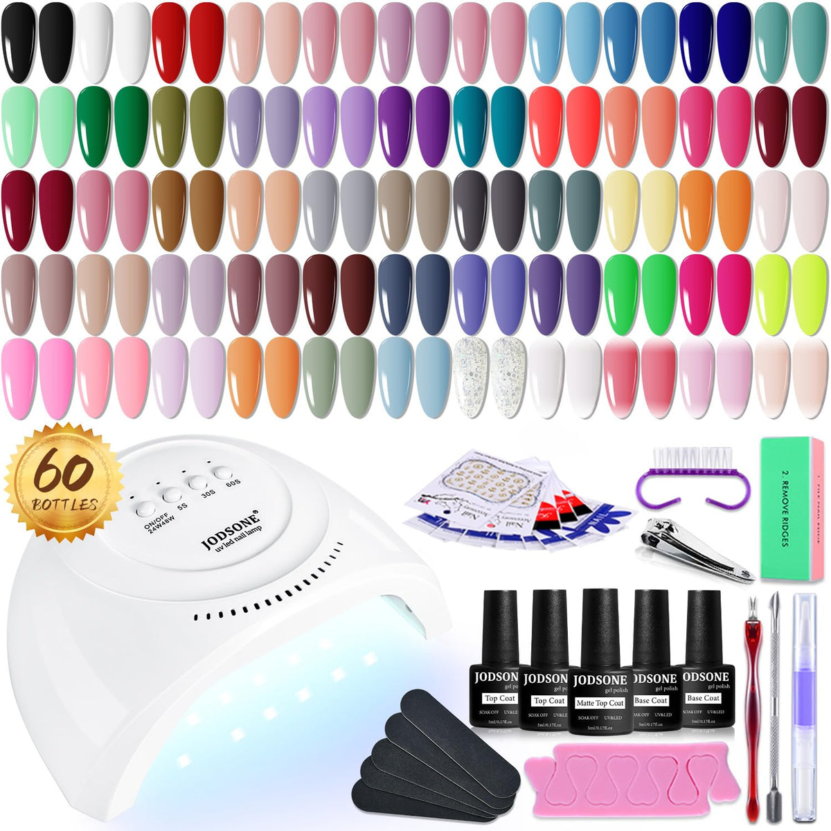 JODSONE Gel Nail Polish Kit 60 PCS with U V Light Soak off Base Top Coat 55 Shine Colors Gel Nail