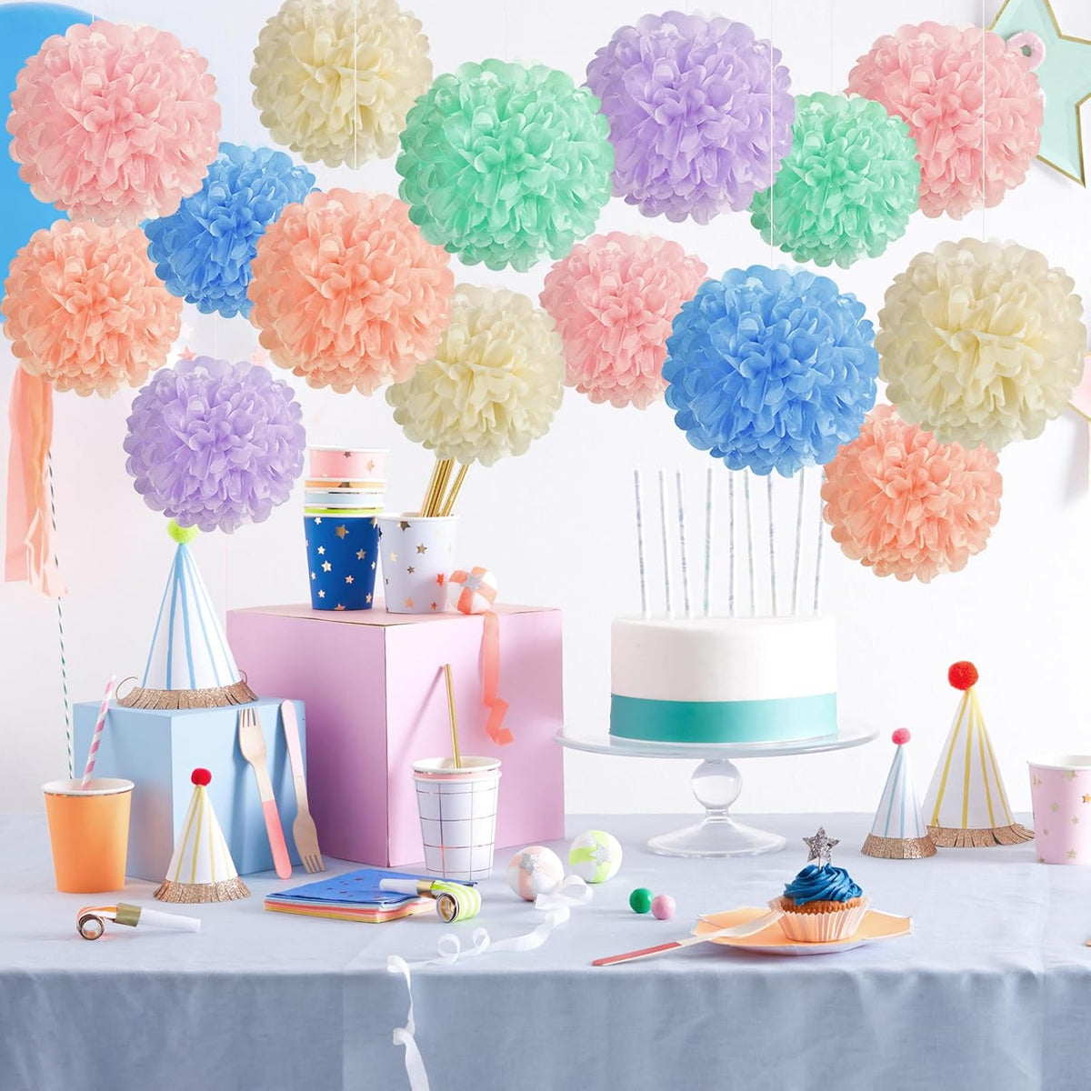 EASY JOY 15PCS Pastel Paper Tissue Pom Poms Decoration Macaron Rainbow Candy Ice Cream Easter