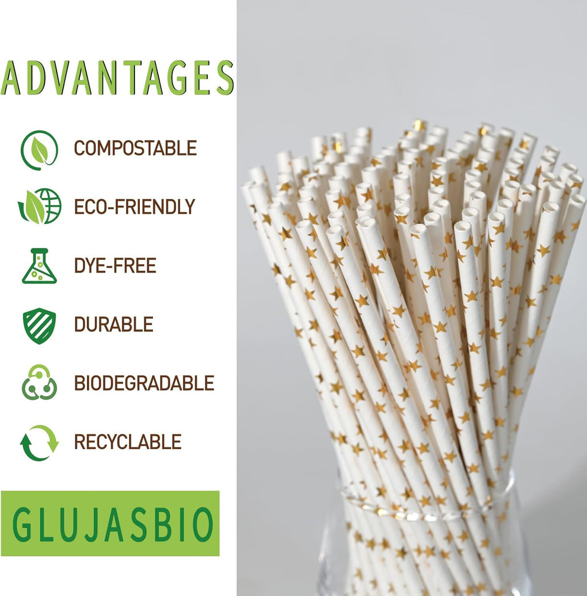Paper Straws Disposable, Cocktail Metallic Gold Star Straws Drinking Biodegradable Straws for