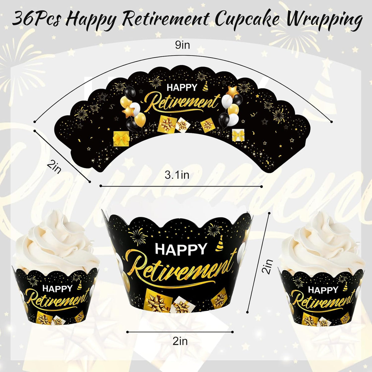 Whaline 36Pcs Happy Retirement Cupcake Wrappers Black Gold Retirement Cupcake Liners Decorative