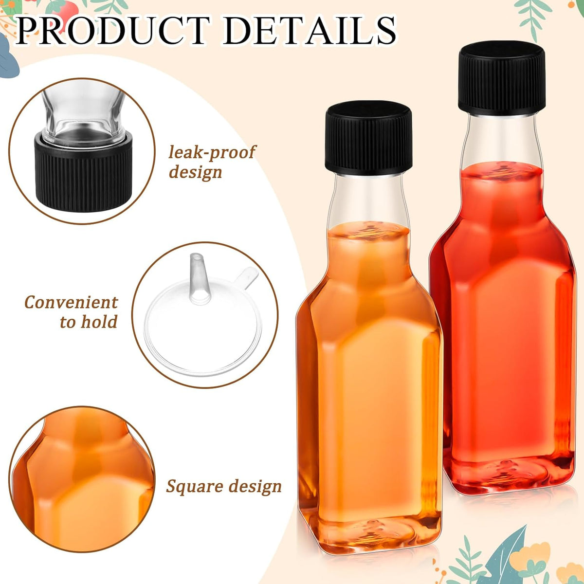 Havawish 50 Pack 1.7 oz Square Mini Liquor Bottles with Funnels and Black Plastic Caps Reusable
