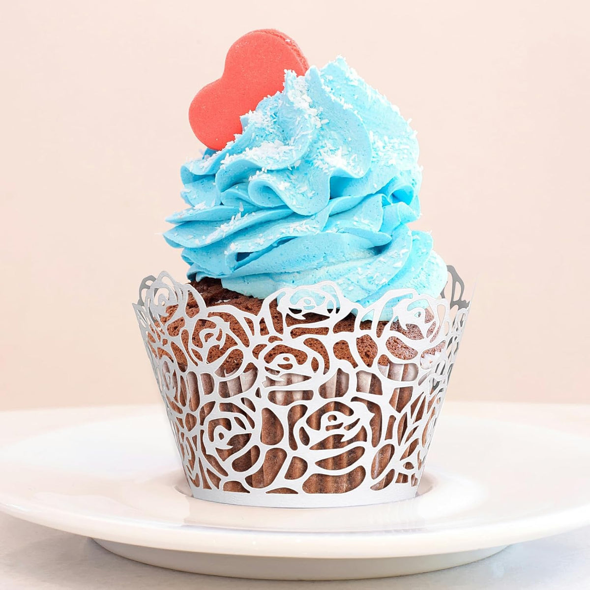 GWHOLE White Cupcake Wrappers, 50pcs Cupcake Liners with Rose Design Laser Cut Liners for Wedding