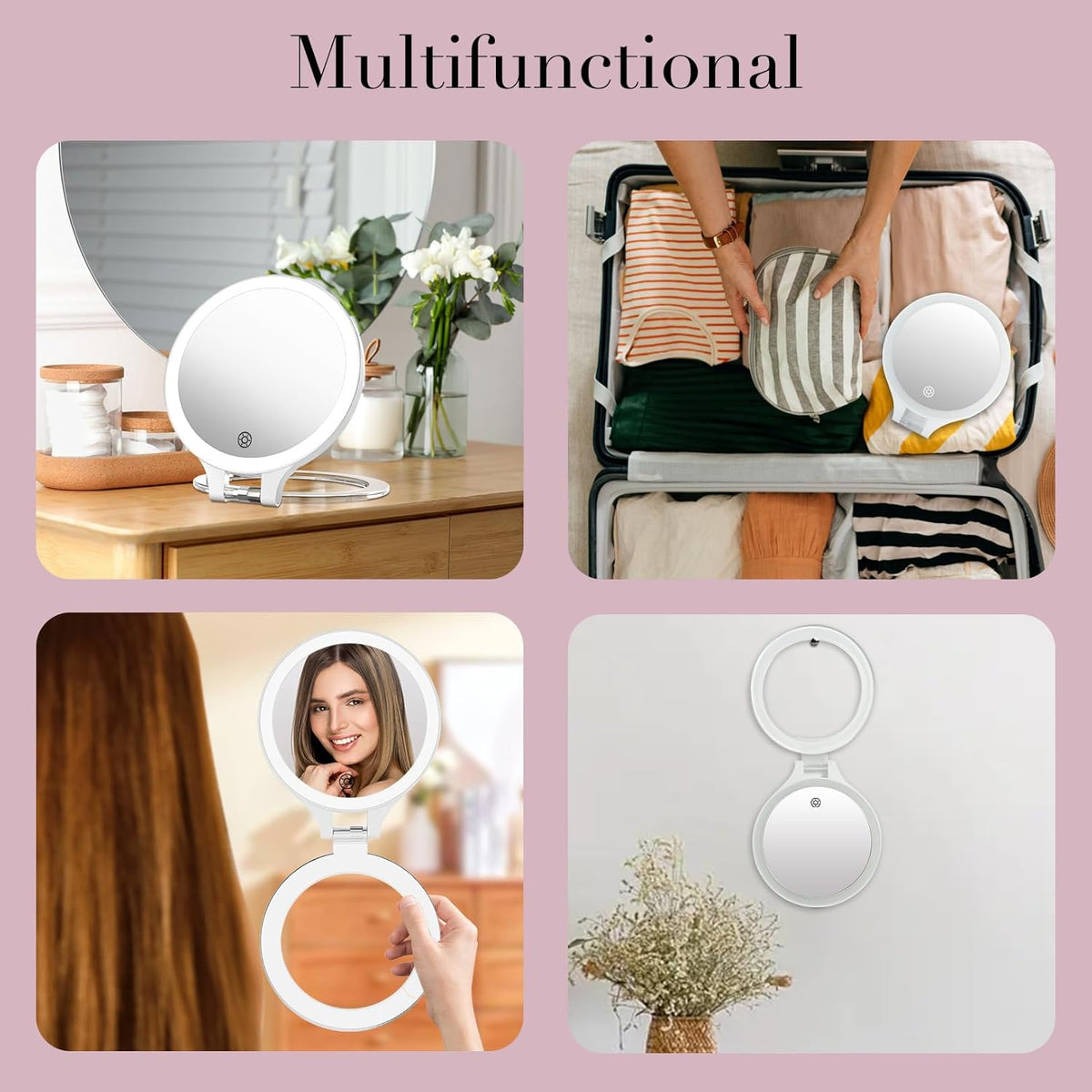 FASCINATE Magnifying Mirror with Light 10X/1X, Double Sided Travel Mirror with Light, Rechargeable