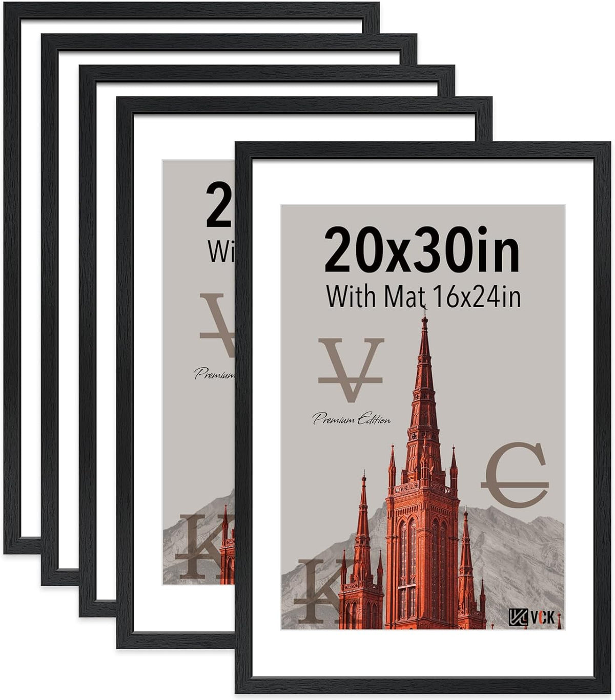 VCK 20x30 Poster Frame Black - 5 Pack, Solid Wood Picture Frame, Matted to 16x24 or 20x30 without