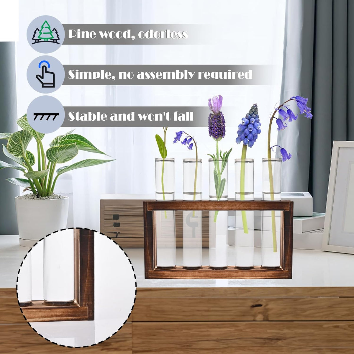 Desktop Glass Plant Propagation Station with 5 Test Tubes in Wooden Stand - Hydroponic Plants