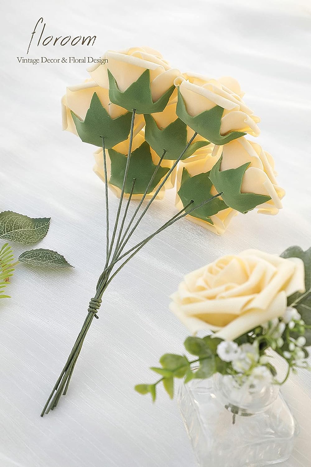 Floroom Artificial Flowers 25pcs Real Looking Creamy Yellow Foam Fake Roses with Stems for DIY