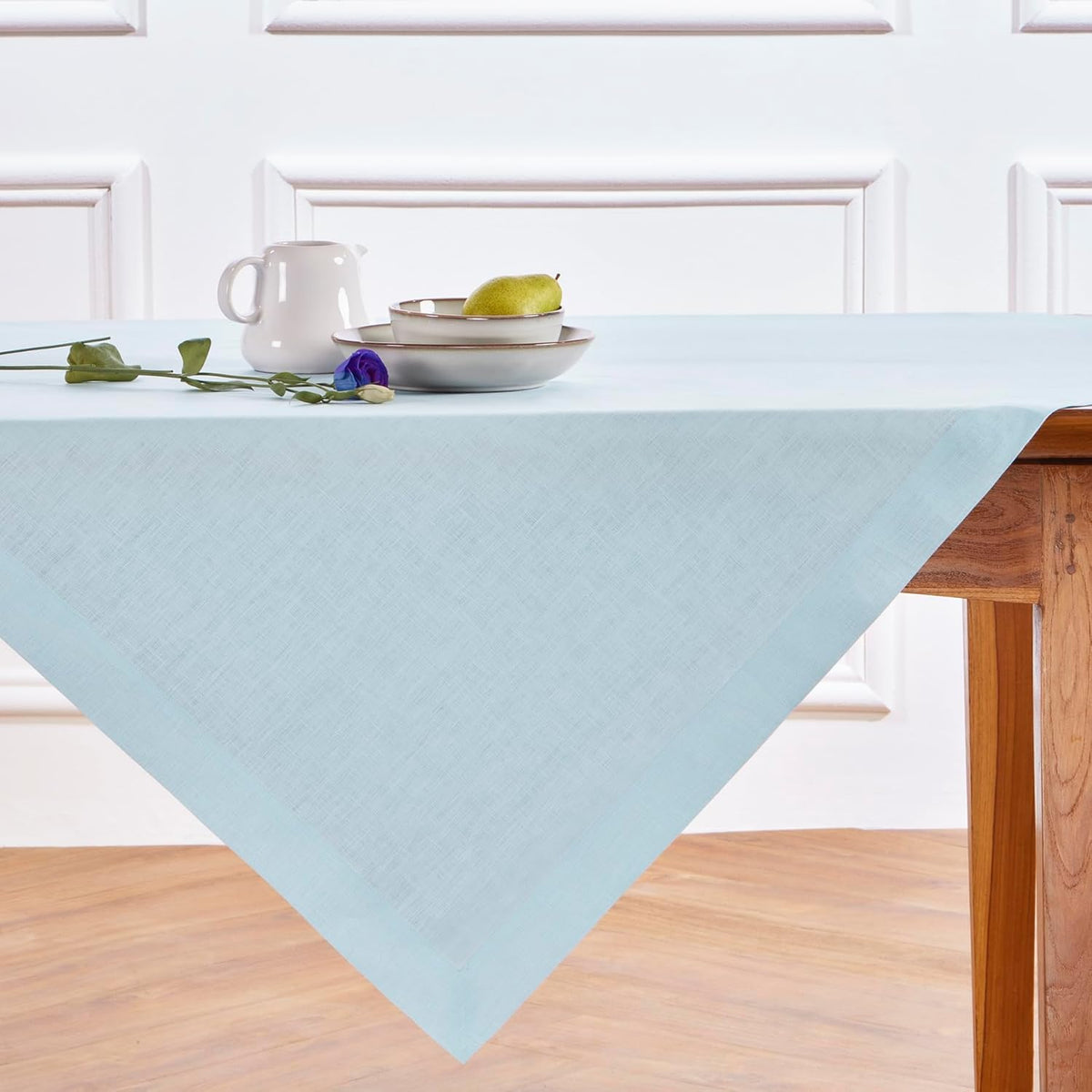 Solino Home Linen Tablecloth 52 x 52 Inch - 100% Pure Linen Ice Water Square Tablecloth - Fete