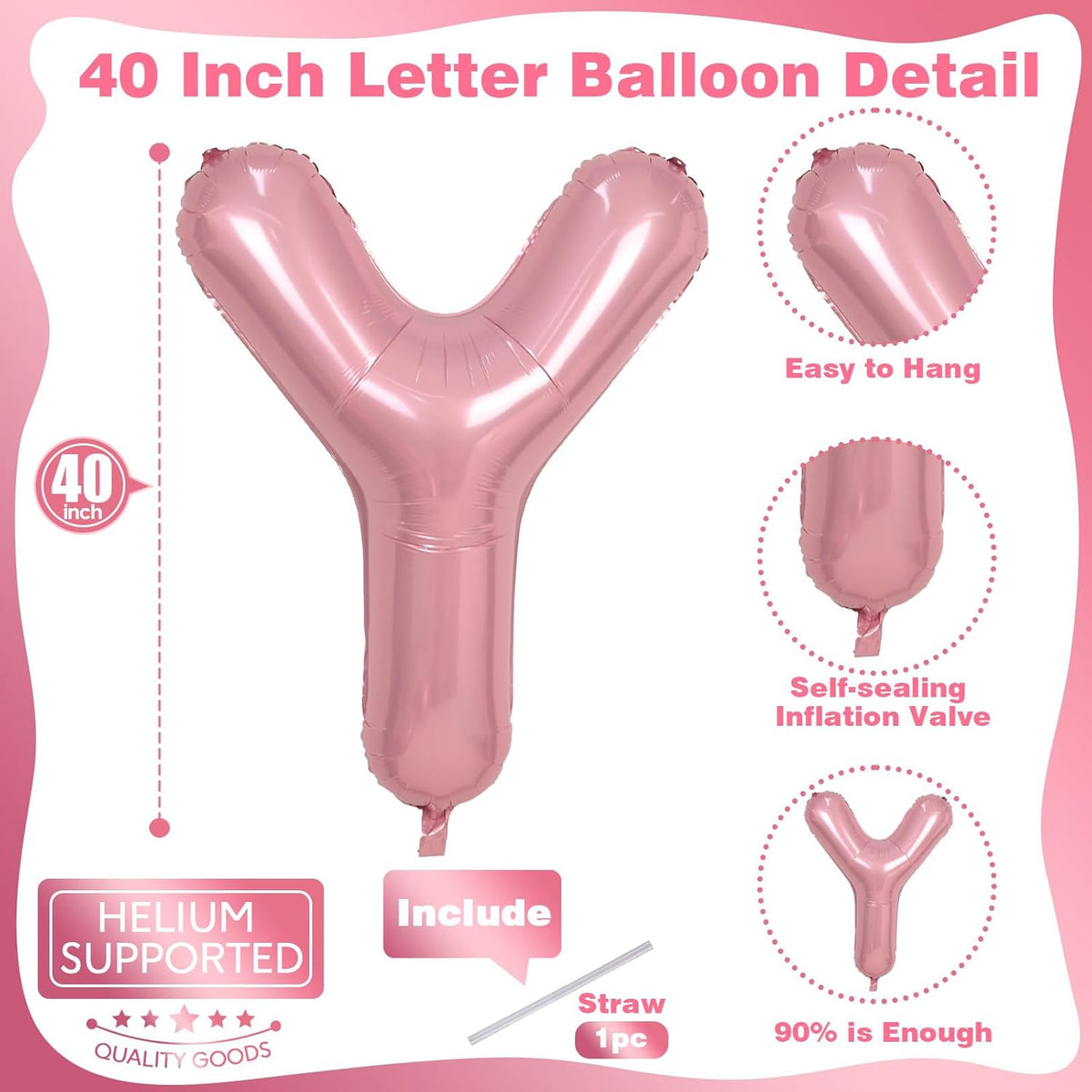 Giant Letter Y Foil Balloon Baby Pink, Pastel Pink Inflatable Word Balloon Y Alphabet Birthday