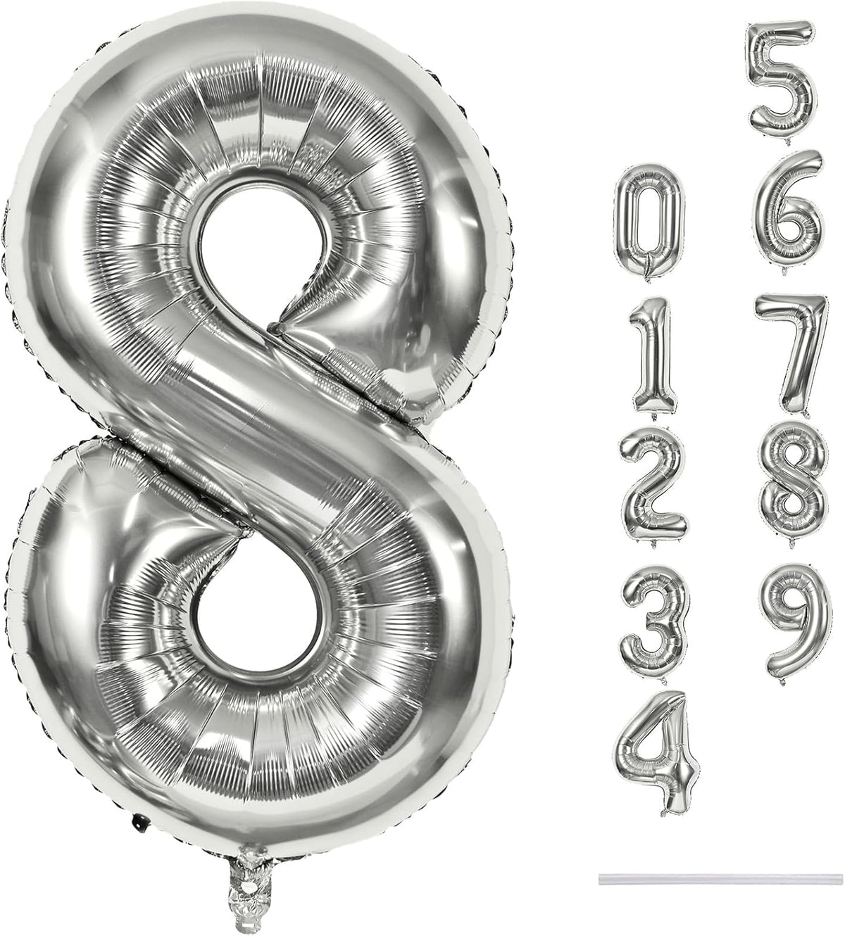 Silver Foil Balloon Number 8 for Boys, 40'' Giant Self Inflating Number Balloons Set 0-9 for Girls