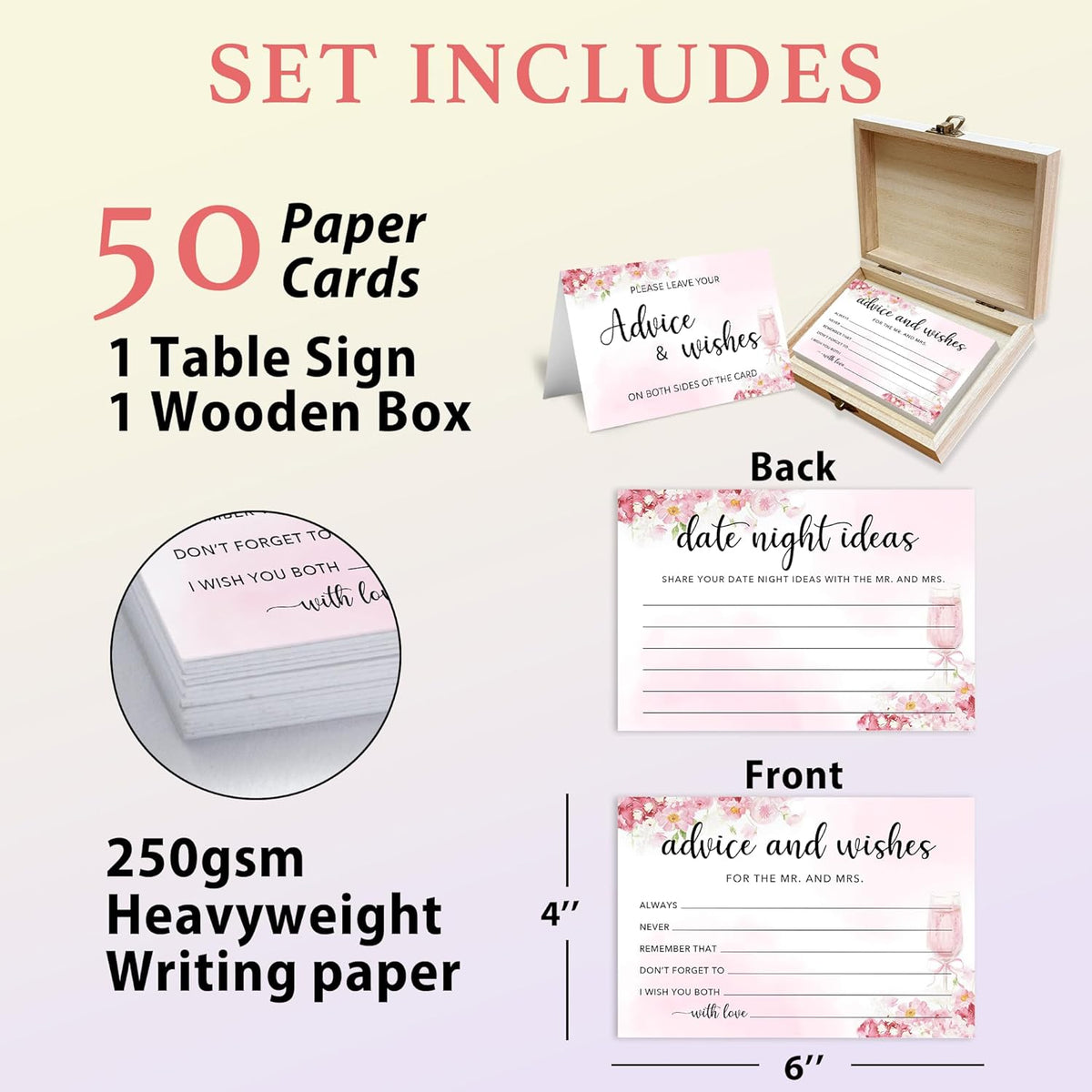 50 Pcs Advice and Wishes for the Mr and Mrs Cards in Box - Bridal Shower Guest Book - Perfect for