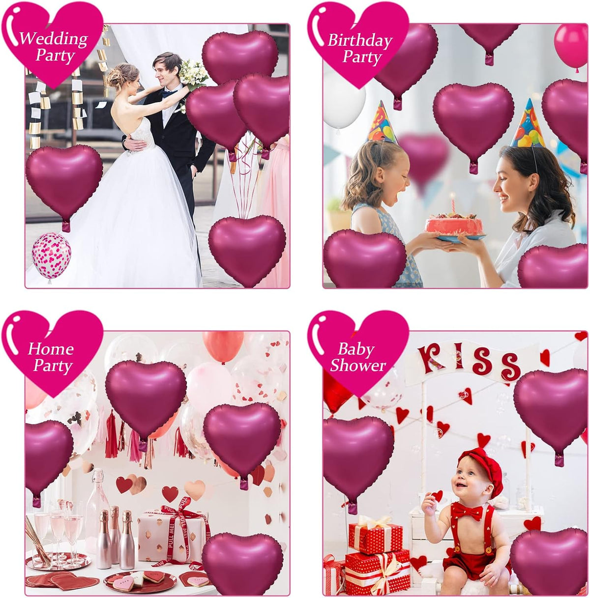 Biapian Foil Heart Balloons, 10PCS Pink Heart Shape Balloons Valentines Balloons 18inch Rose Red