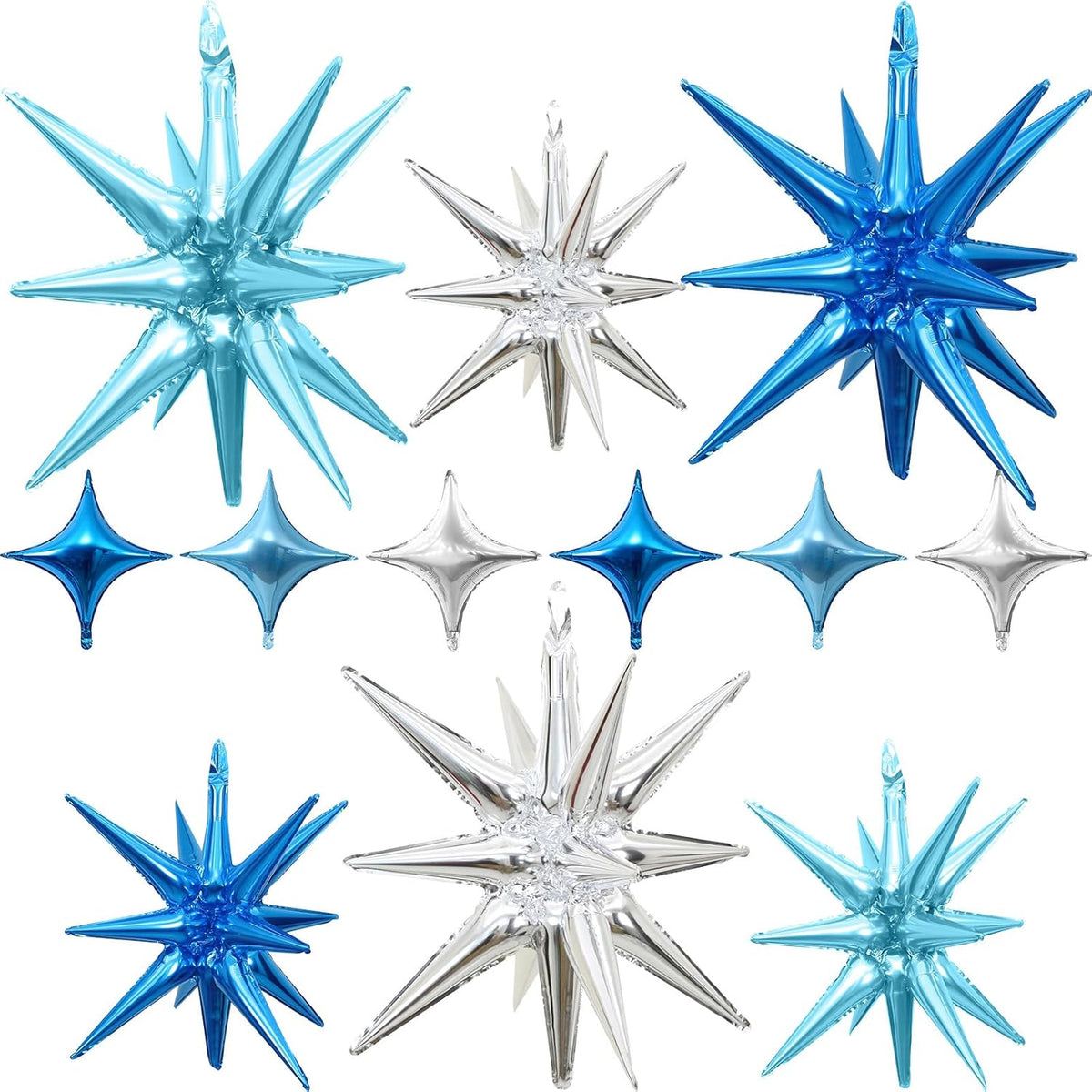 Blue Silver Star Balloons 12pcs, 27/22 Inch Foil Star Explosion Balloons, Large Spike Mylar Cone