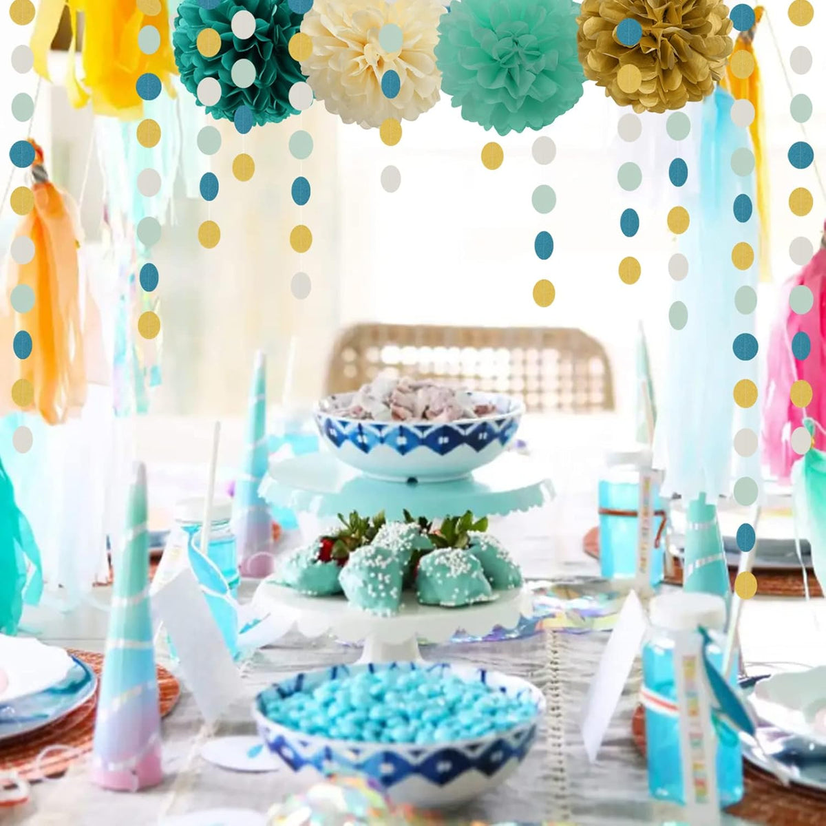 Teal-Blue Mint Beige-Gold Party Decorations - 30pcs Rustic Wedding Tissue Pom Poms Streamers,Tassel